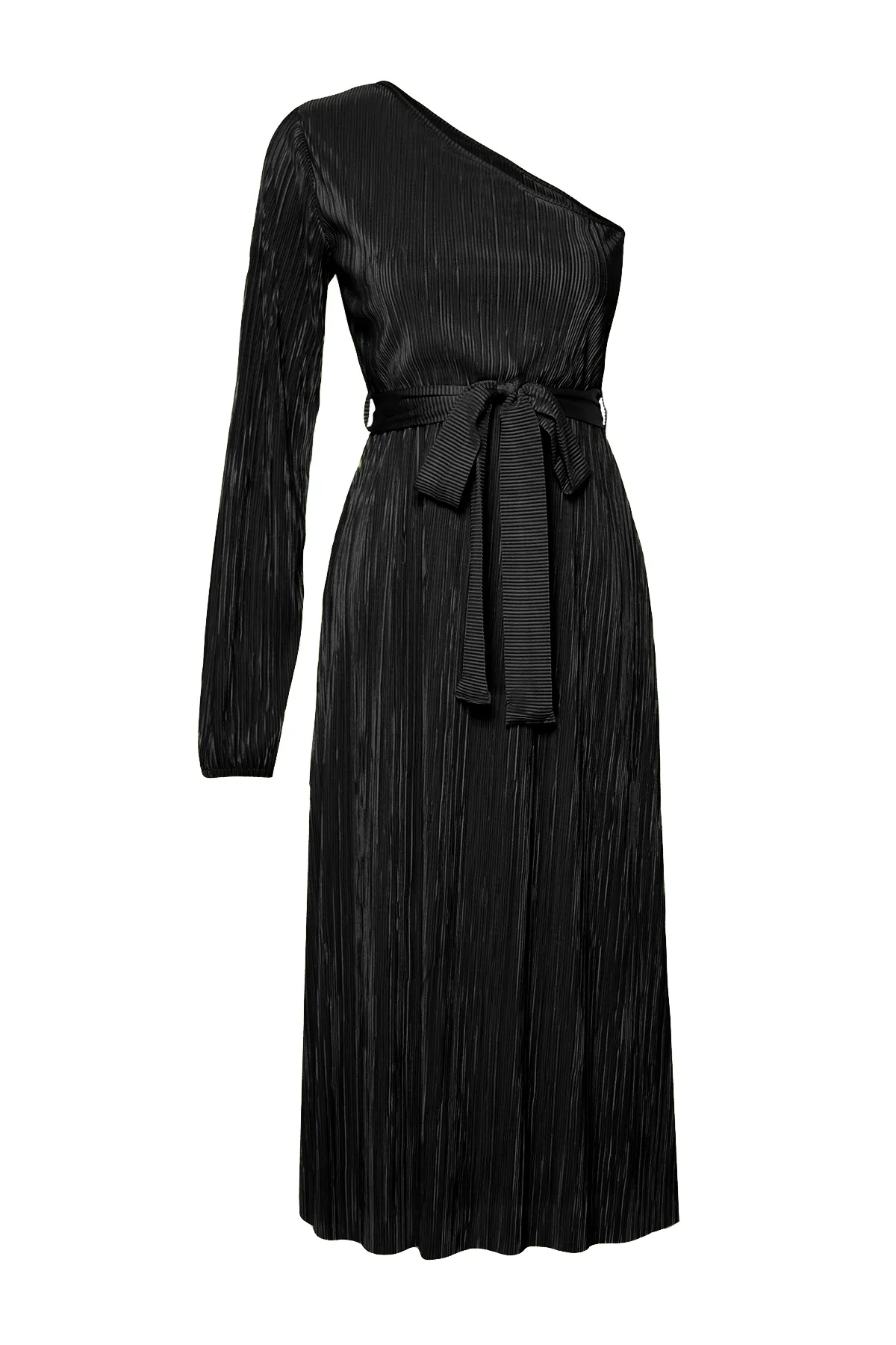 Trendyol Collection  Schwarzes Midi-Bleistiftkleid aus dehnbarem Strick mit Gürtel und einem Ärmel TWOSS24EL00425