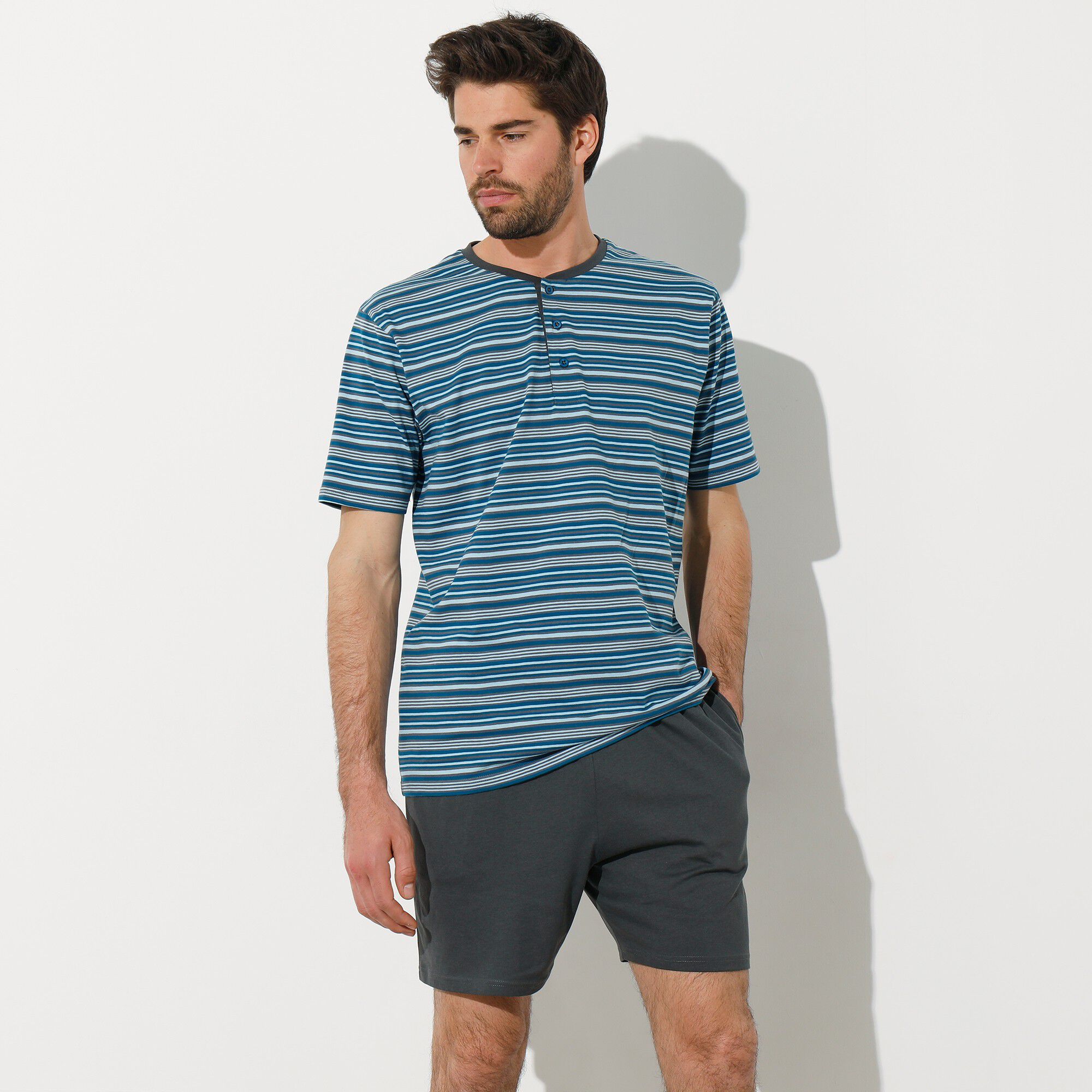 Pyjama-short rayé col tunisien