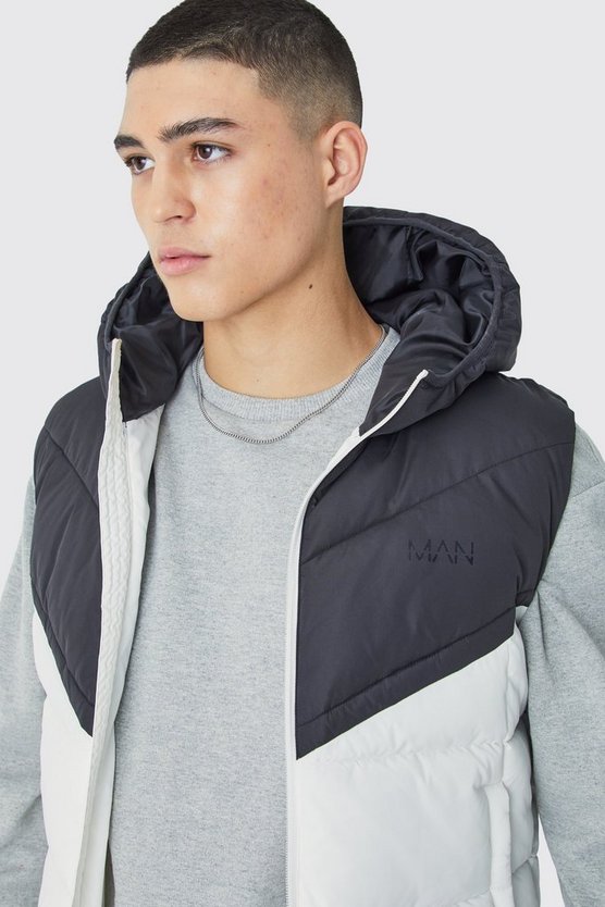 Man Colorblock Steppweste mit Kapuze