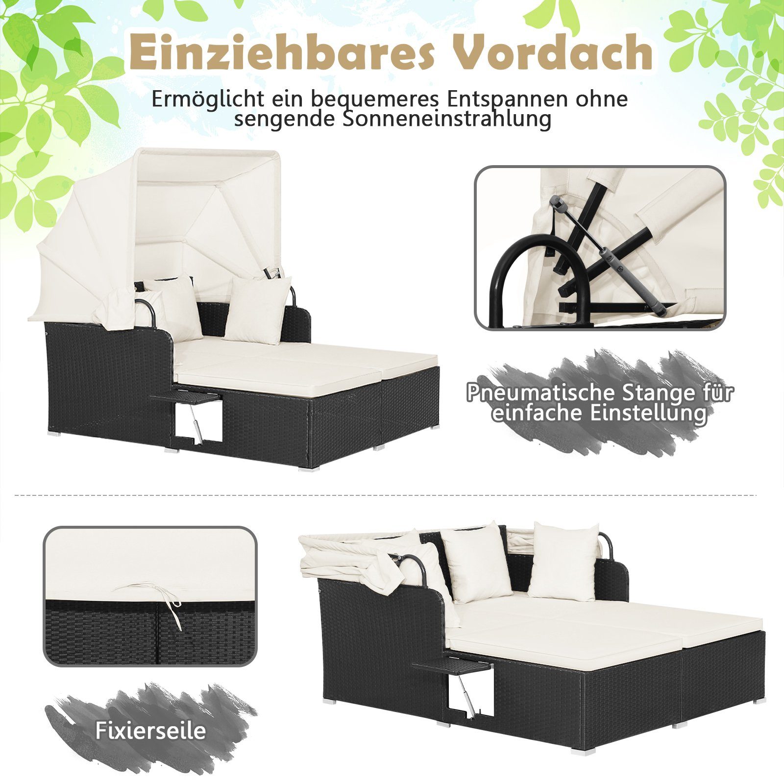 COSTWAY Loungebett, Rattan, 2-Personen, mit einziehbarem Sonnendach, Kissen