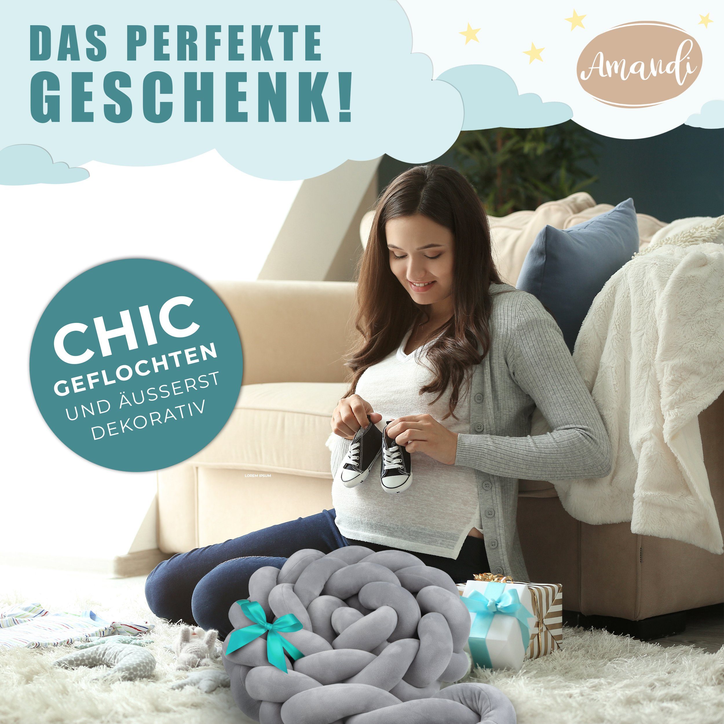 Amandi Bettnestchen Amandi Bettschlange – Bettumrandung Babybett – Länge 2m – Nestchen, Laborgepürft, Ideal waschbar, Antiallergisch, Hautfreundlich