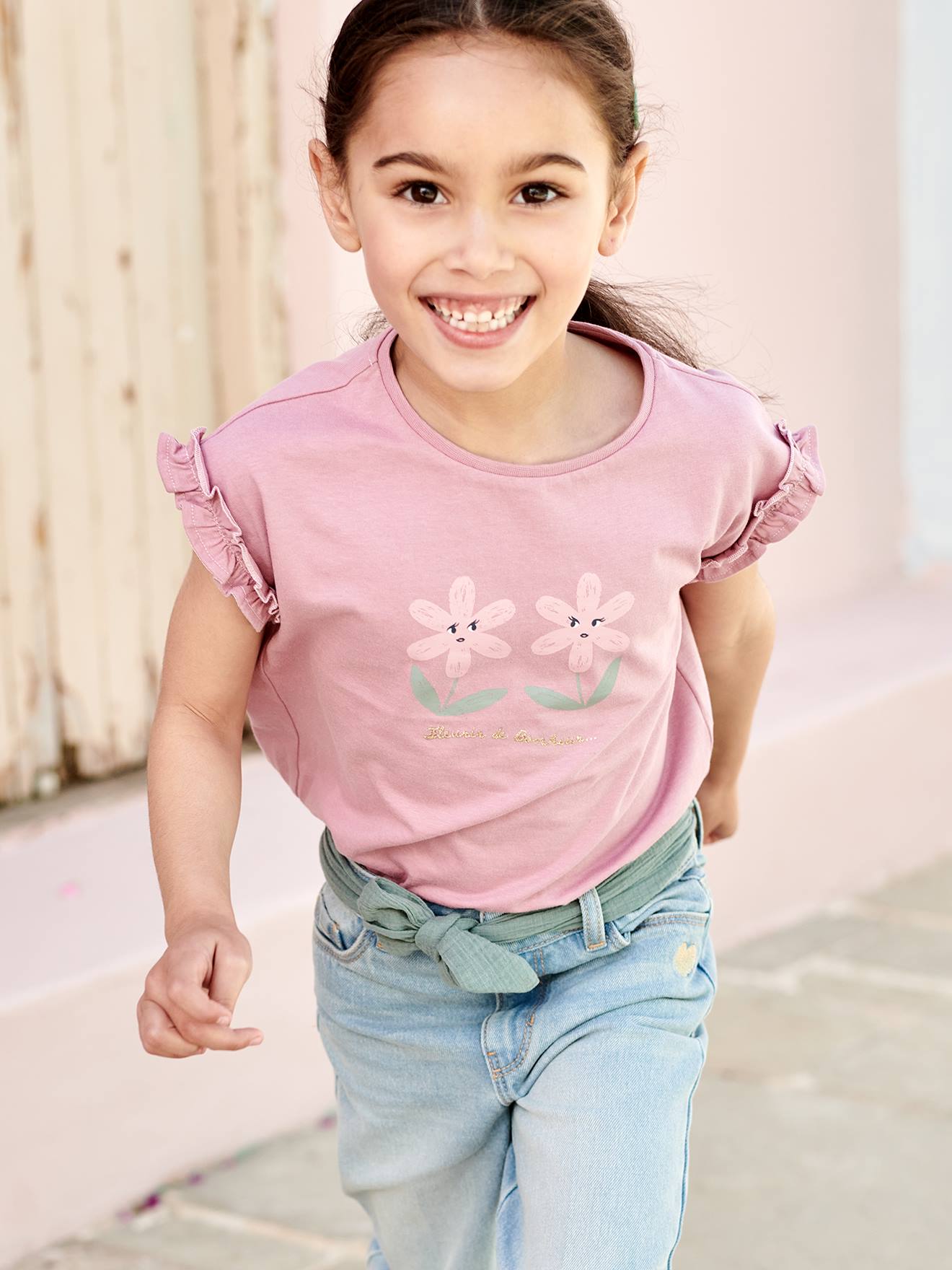 Vertbaudet Mädchen T-Shirt mit Volantärmeln - dunkelrosa