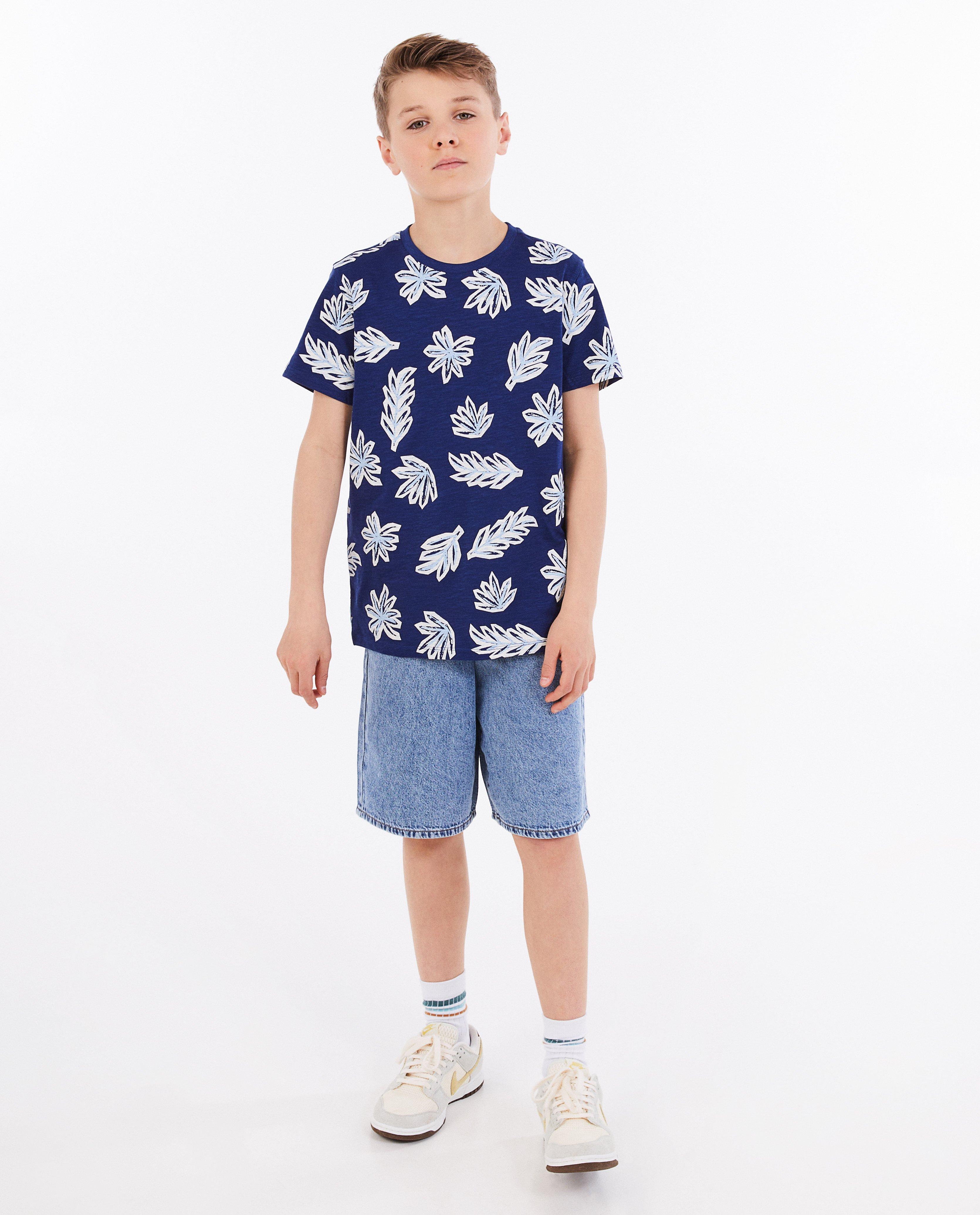 Tricou Fish & Chips cu imprimeu vegetal albastru închis