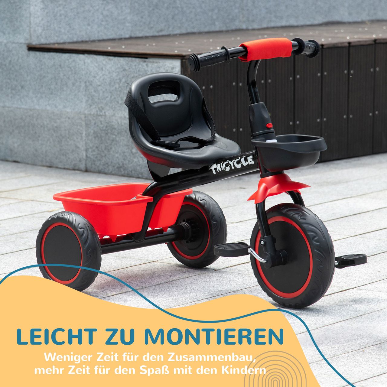 AIYAPLAY Dreirad Kinderfahrrad Kinderdreirad mit Beckengurt 2 Körben Schwarz Rot