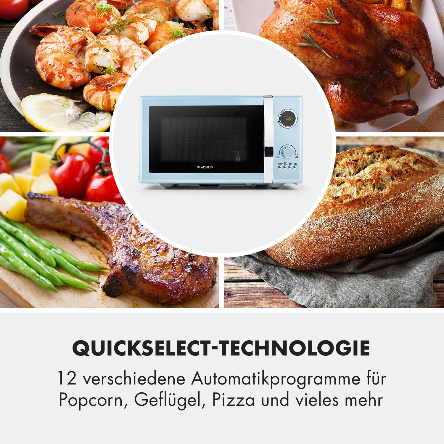 Klarstein Mikrowelle Fine Dinesty 2-in-1-Mikrowelle: 23l 800W / Grill: 1000W blau, Erwärmen, Grillen, Kochen, 2.3 l