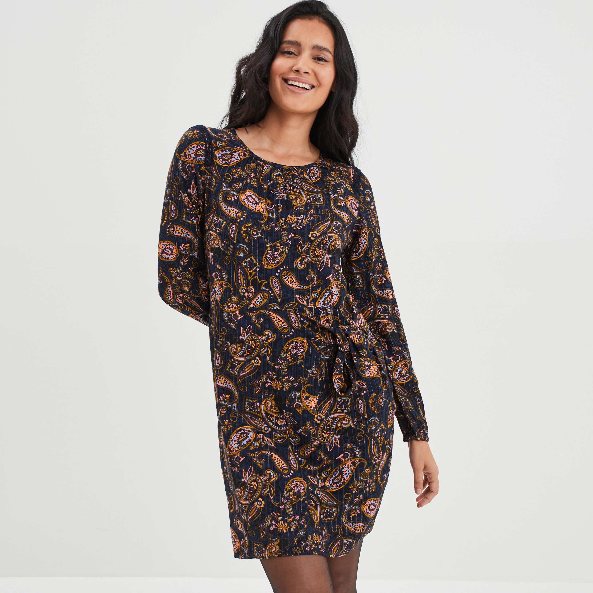Robe droite avec noeud à la taille bleu foncé femme | La Halle