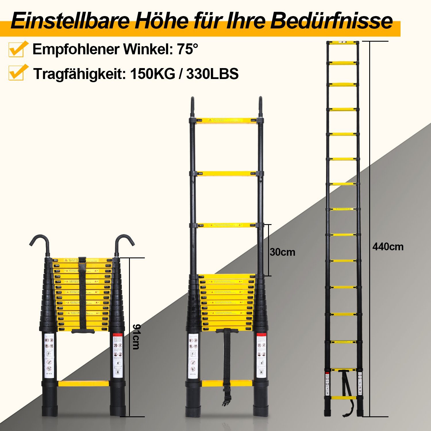 Lospitch Teleskopleiter Teleskopleiter Alu 4.4m Ausziehleiter Anlegeleiter mit haken