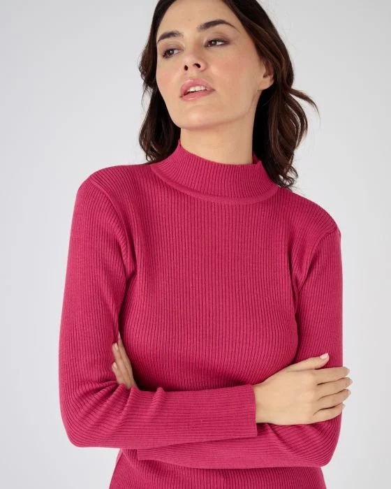 Pull col montant, 50% laine mérinos, uni et rayé