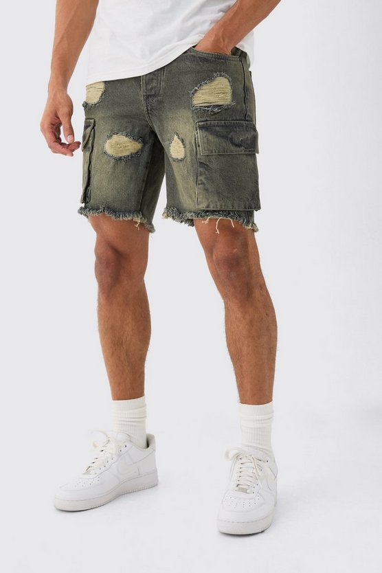 Zerrissene Slim-Fit Jeansshorts mit Cargo-Taschen