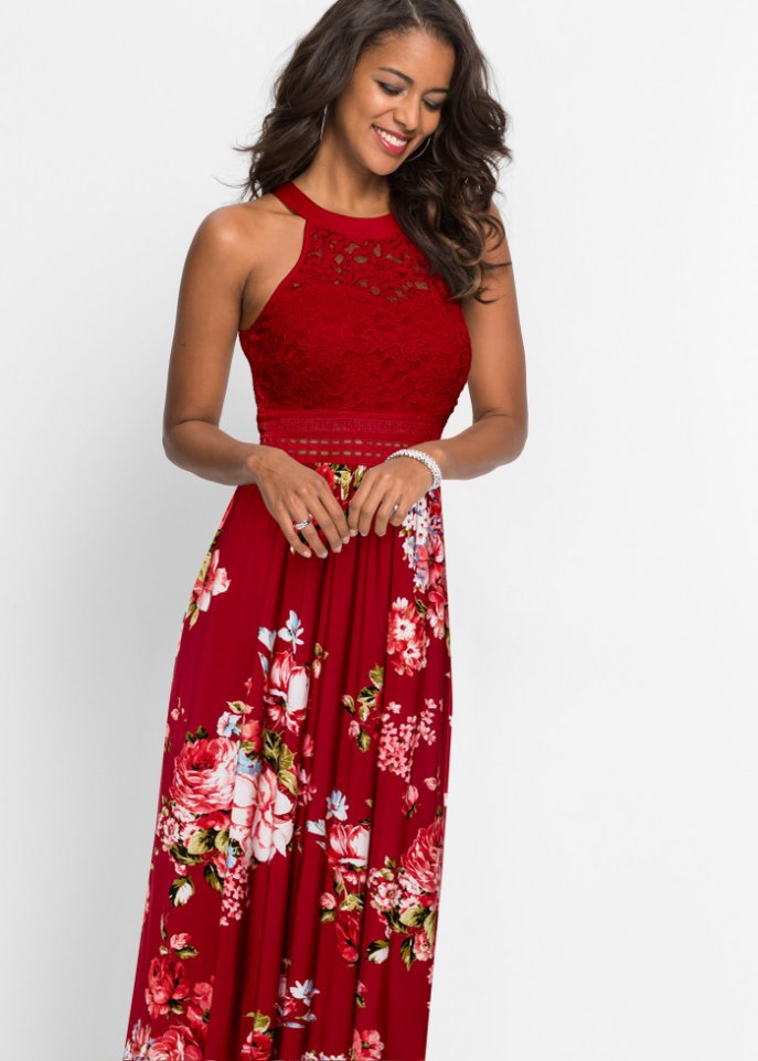Sommer-Maxikleid mit Blumen-Print und Spitze