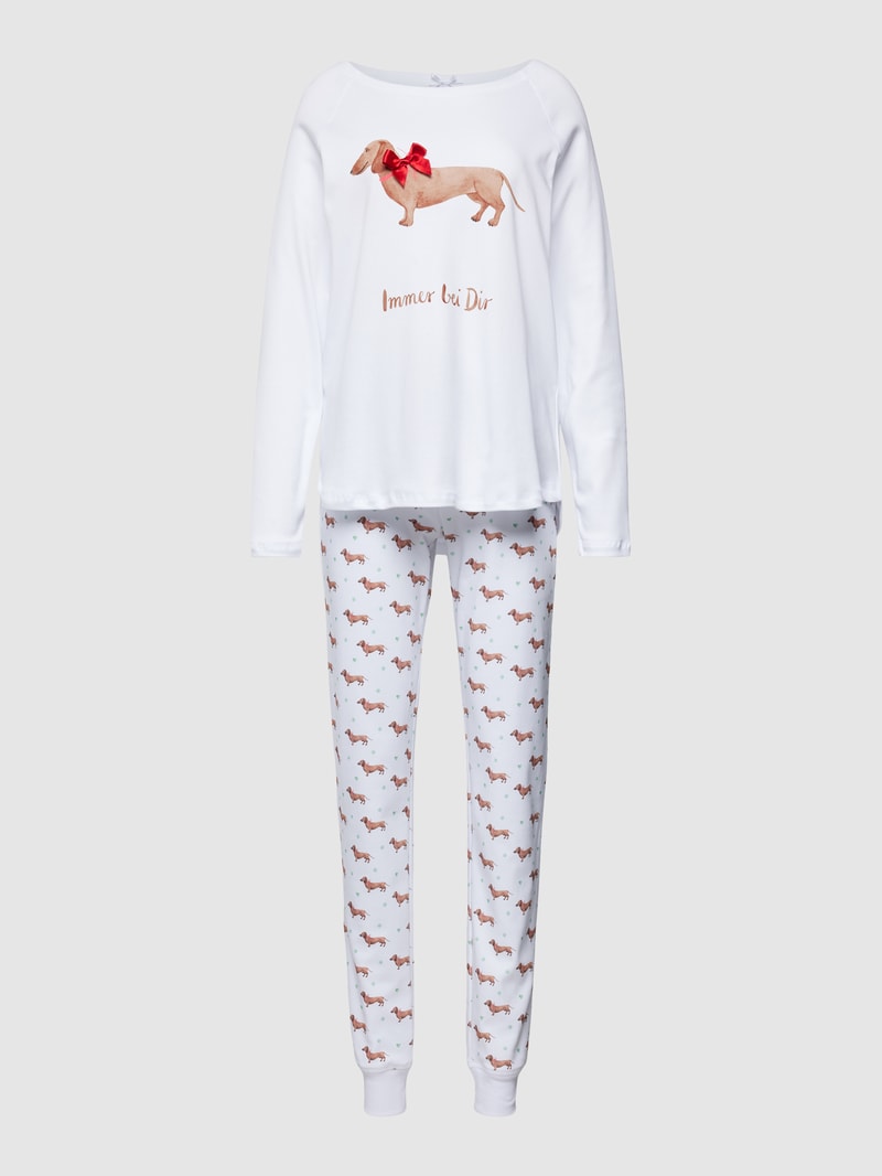 Pyjama mit Motiv- und Statement-Print Modell 'Mein Glücksmoment' in weiß