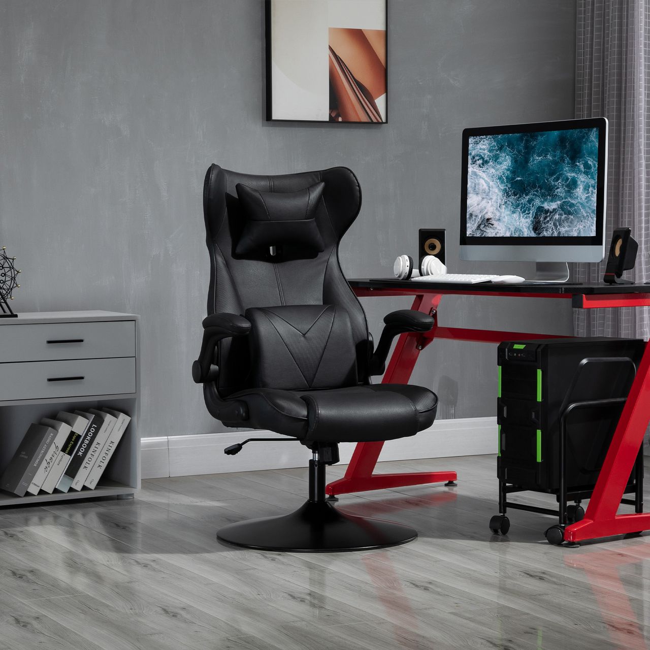 HOMCOM Gaming Stuhl Ergonomischer Computerstuhl Bürostuhl Schreibtischstuhl mit Wippenfunktion und Lendenkissen Drehstuhl höhenverstellbar gepolsterter Sitz Metall Schwarz 67x71x112 cm