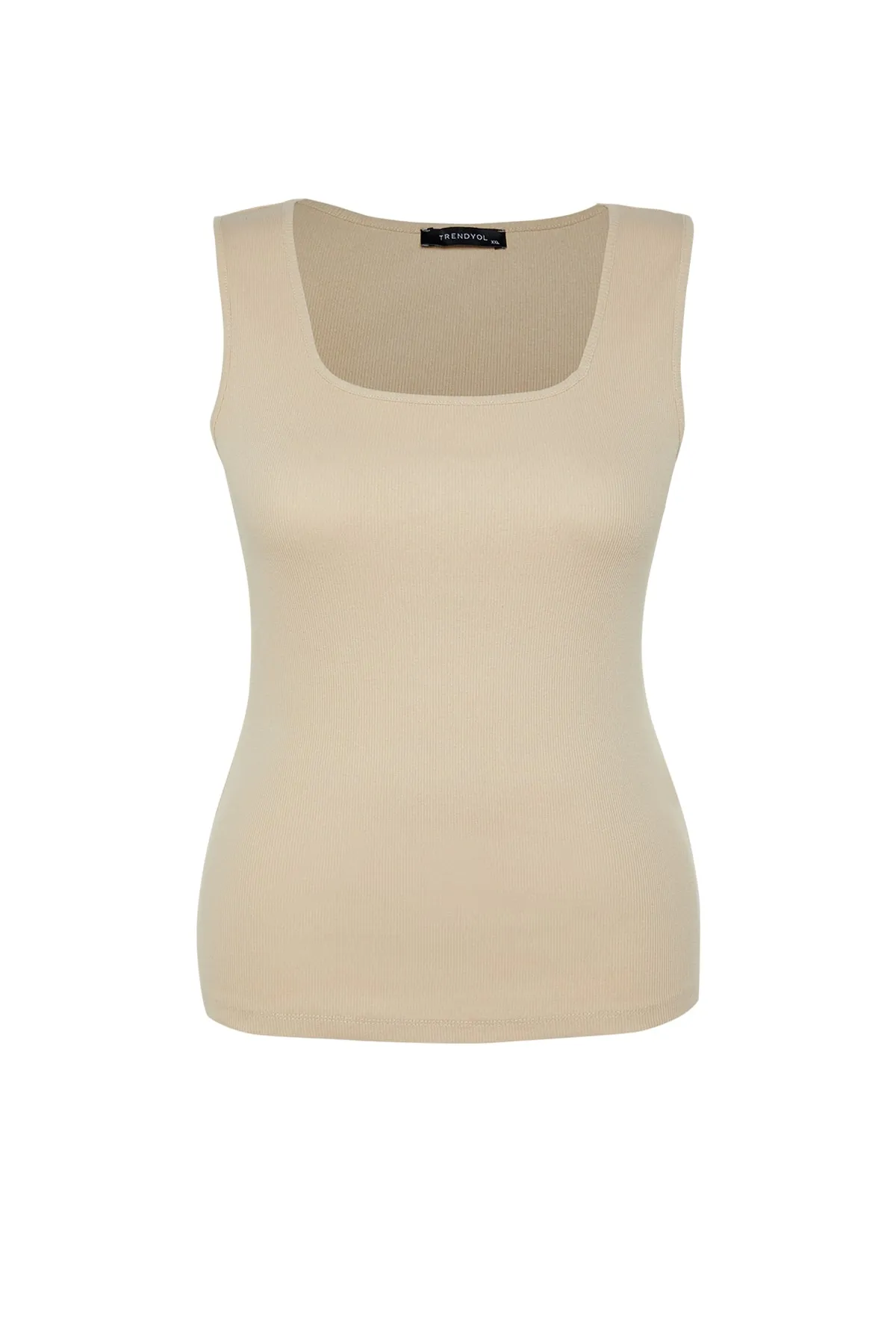 Trendyol Curve  Beigefarbenes Basic-Unterhemd aus schnurgebundenem Strick mit quadratischem Ausschnitt TBBSS22AL0011