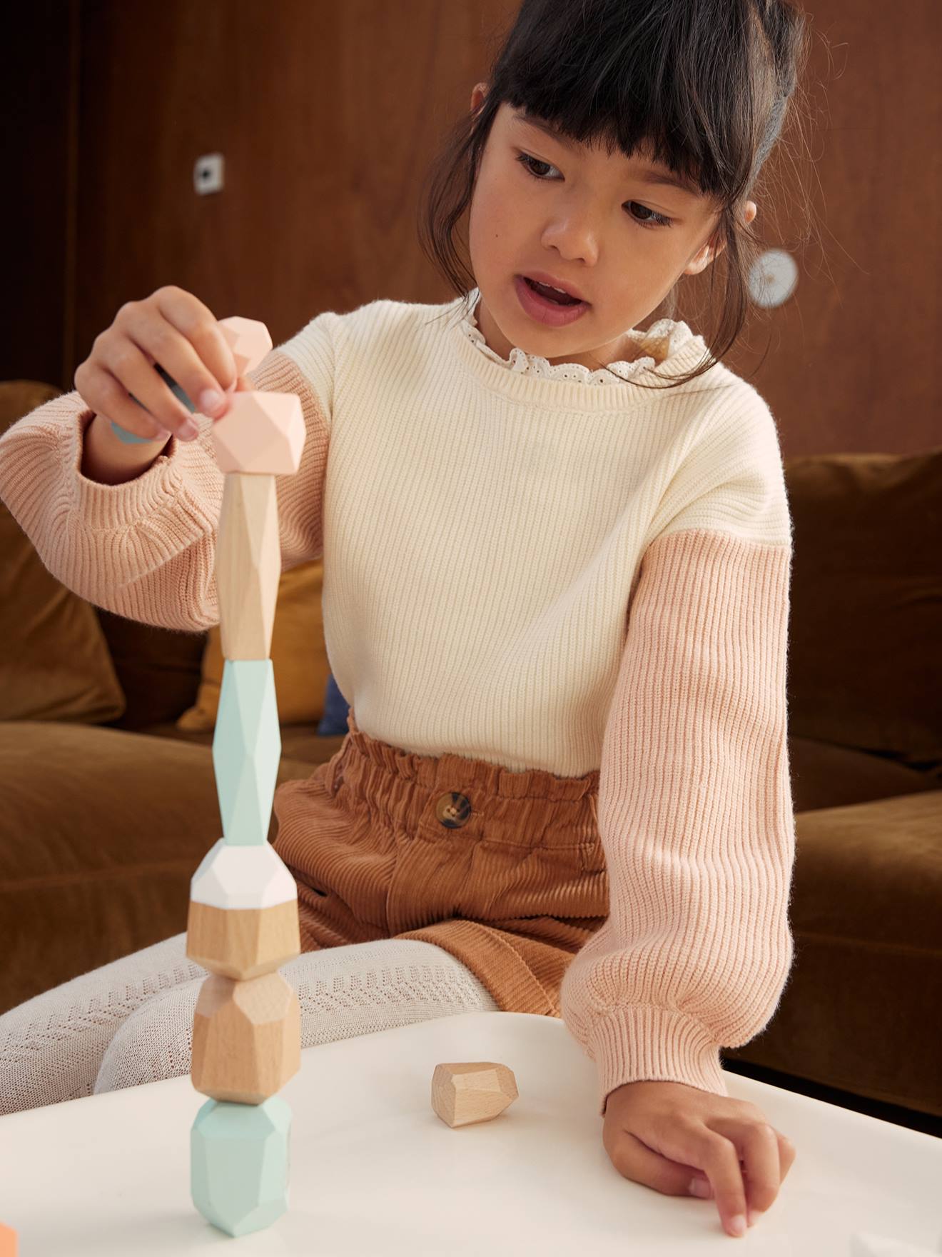 Pull col fantaisie forme loose fille beige poudré
