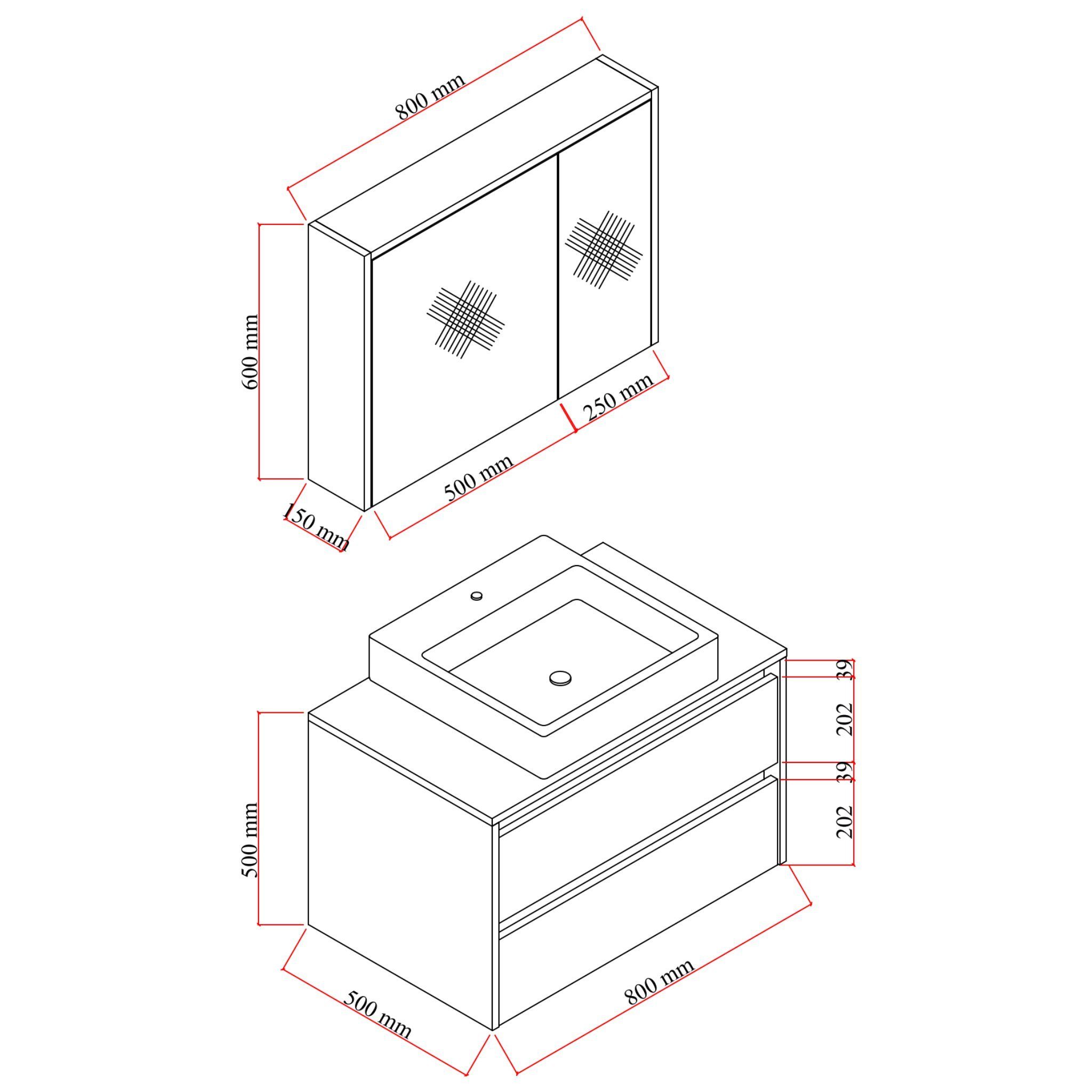 Karen Badezimmer-Set Loon, (Komplett-Set, 3-Teilig (Unterschrank, Spiegelschrank, Waschbecken), Konsolenwaschtisch, MDF Lam, Softclose, Korpus Matt, Fronten Hochglanz