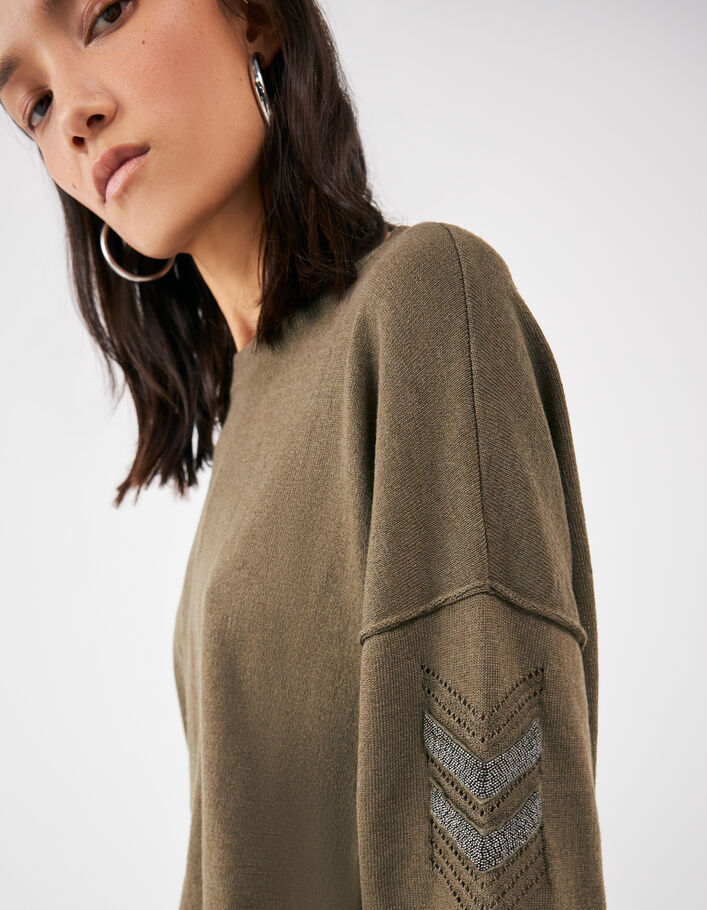 Pull kaki col bateau chevron bijou et jeux de point femme
