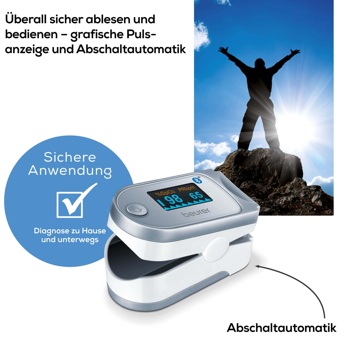 Beurer Pulsoximeter PO 60 <i>Bluetooth</i>®-Pulsoximeter zur Messung der Sauerstoffsättigung & Herzfrequenz mit App-Anbindung
