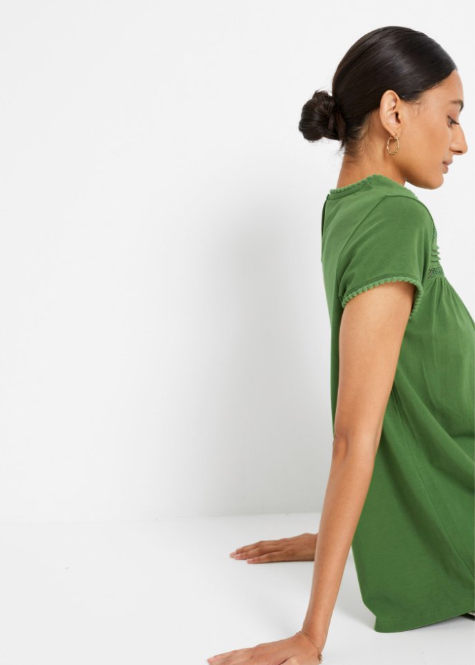 Baumwoll-Shirt mit Spitze in A-Line, kurzarm