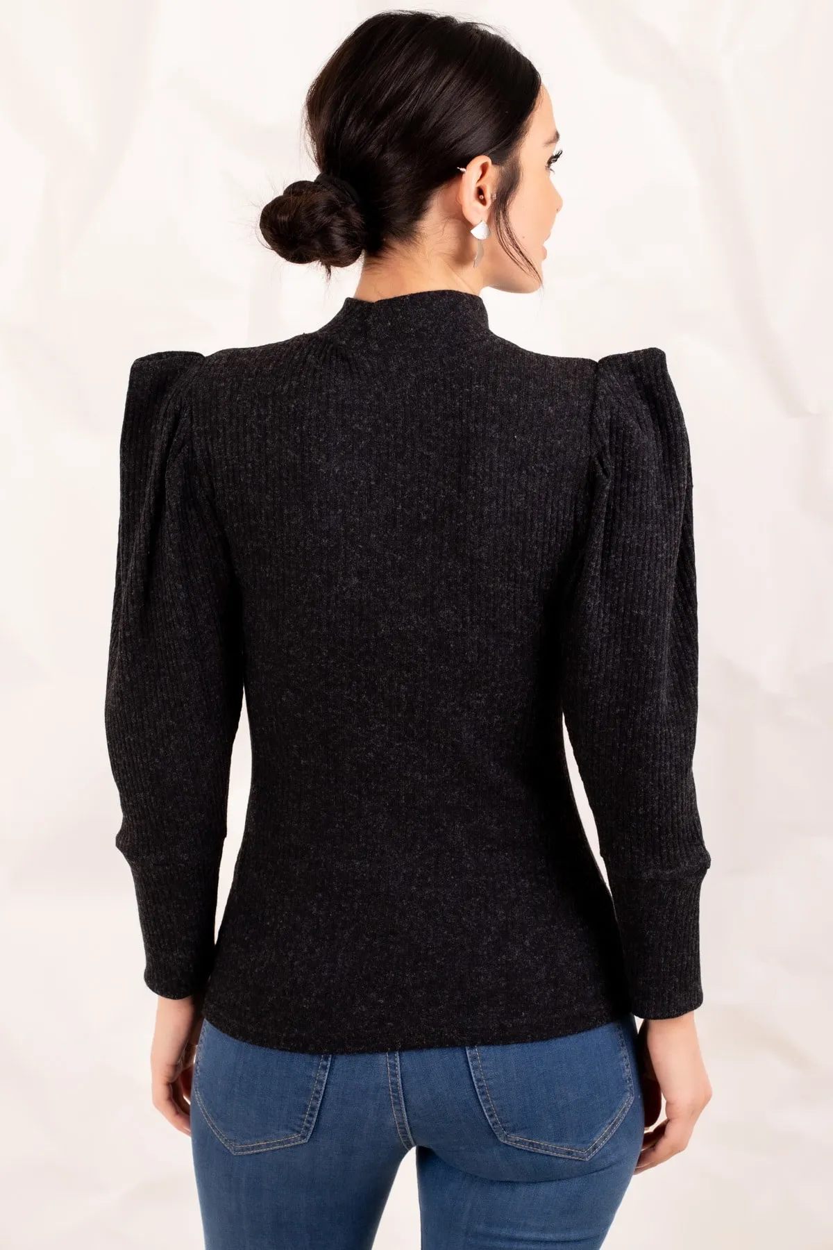 armonika  Schwarzer Damen-Strickpullover mit Wassermelonenärmeln ARM-20K001103