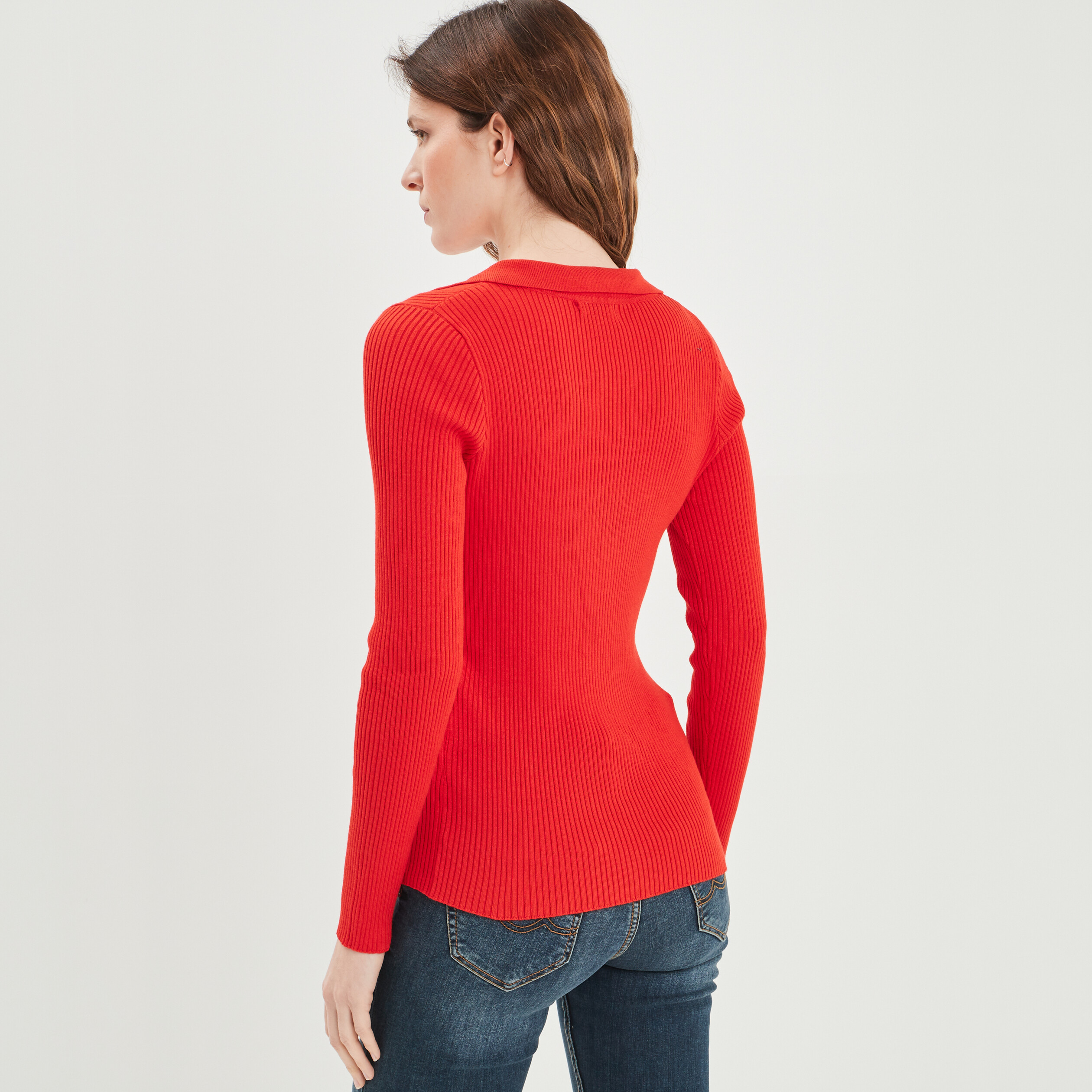 Pull manches longues col polo orange corail femme | La Halle