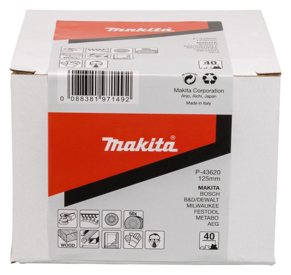 Makita Accessories P-43620 Tarcza ścierna 125 mm K40, czerwona, rzep, 50 sztuk