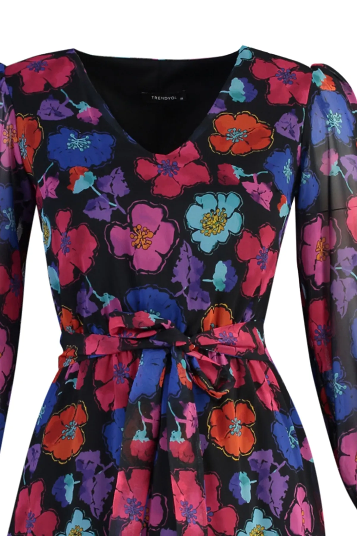 Trendyol Collection  Schwarzes, gemustertes Webkleid mit Gürtel TWOAW23EL00350