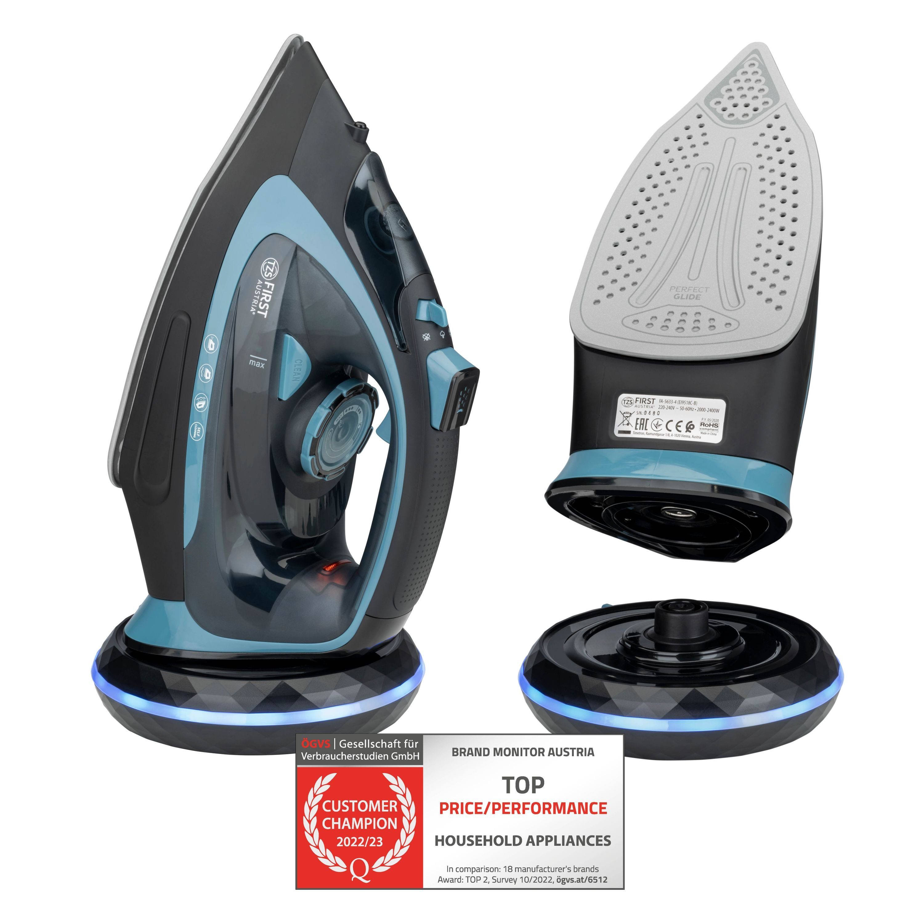 TZS FIRST AUSTRIA Dampfbügeleisen Bügeleisen kabellos, mit Basisstation, verstellbare Temperatur, 2400 W, Keramik, Vertikaldampf, Tropfstop, Antikalk, 450 ml Wassertank