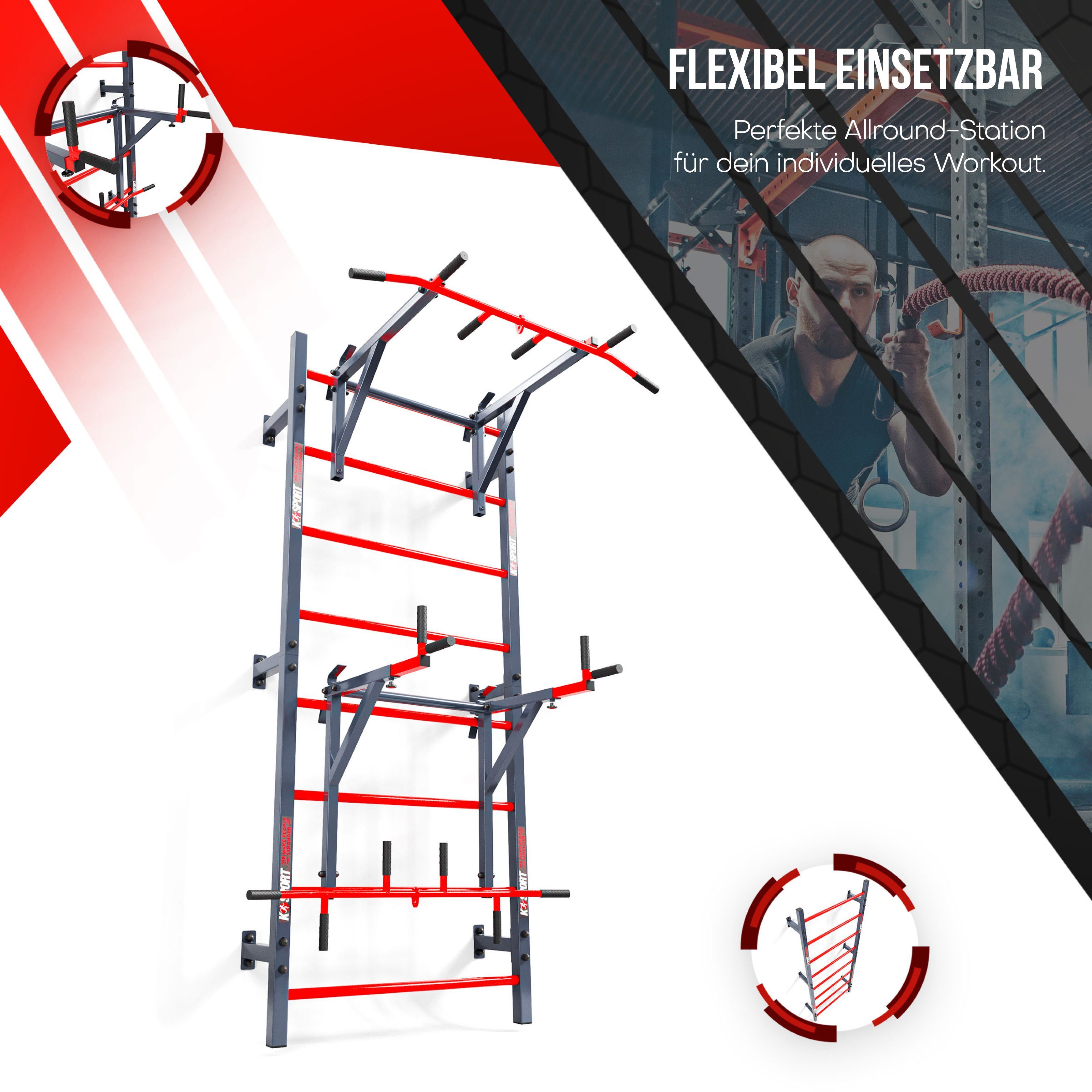K-SPORT Kraftstation Sprossenwand mit Dip Station & Klimmzugstange, (Kraftstation mit Pull-Up Bar + Dip Stange, bis max. 150 kg), Made in EU!