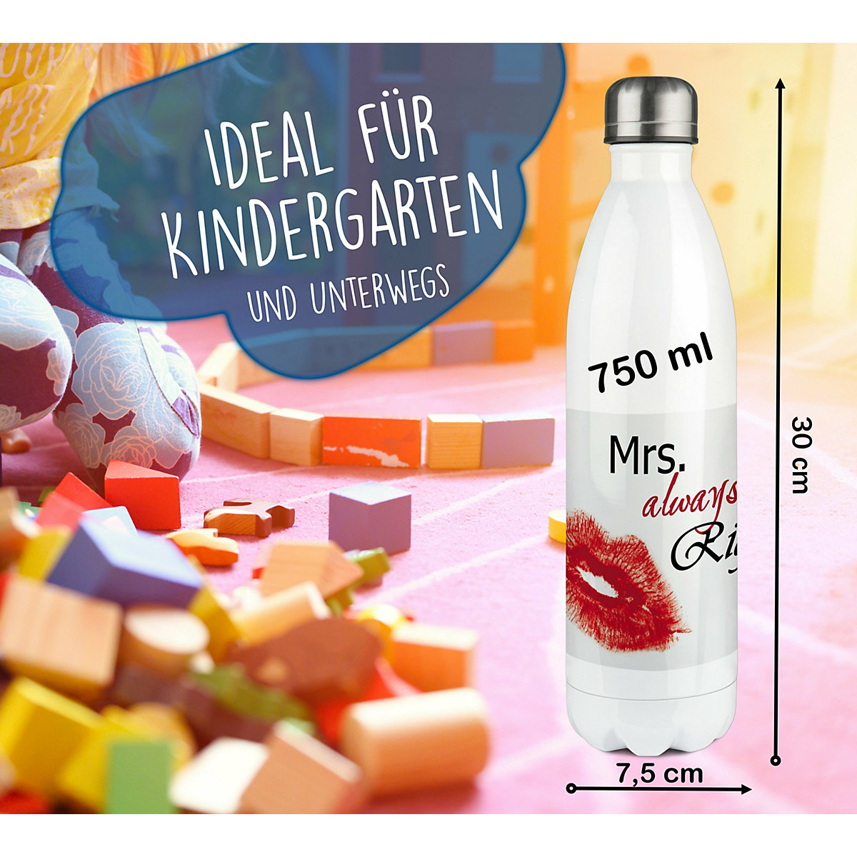 Edelstahl Kinder Thermoflasche / Trinkflasche bunt Kussmund Spülmaschinenfest, Auslaufsicher, Bruchfest, Doppelwandig, Für Heißgetränke geeignet, Mit Deckel, Isoliert