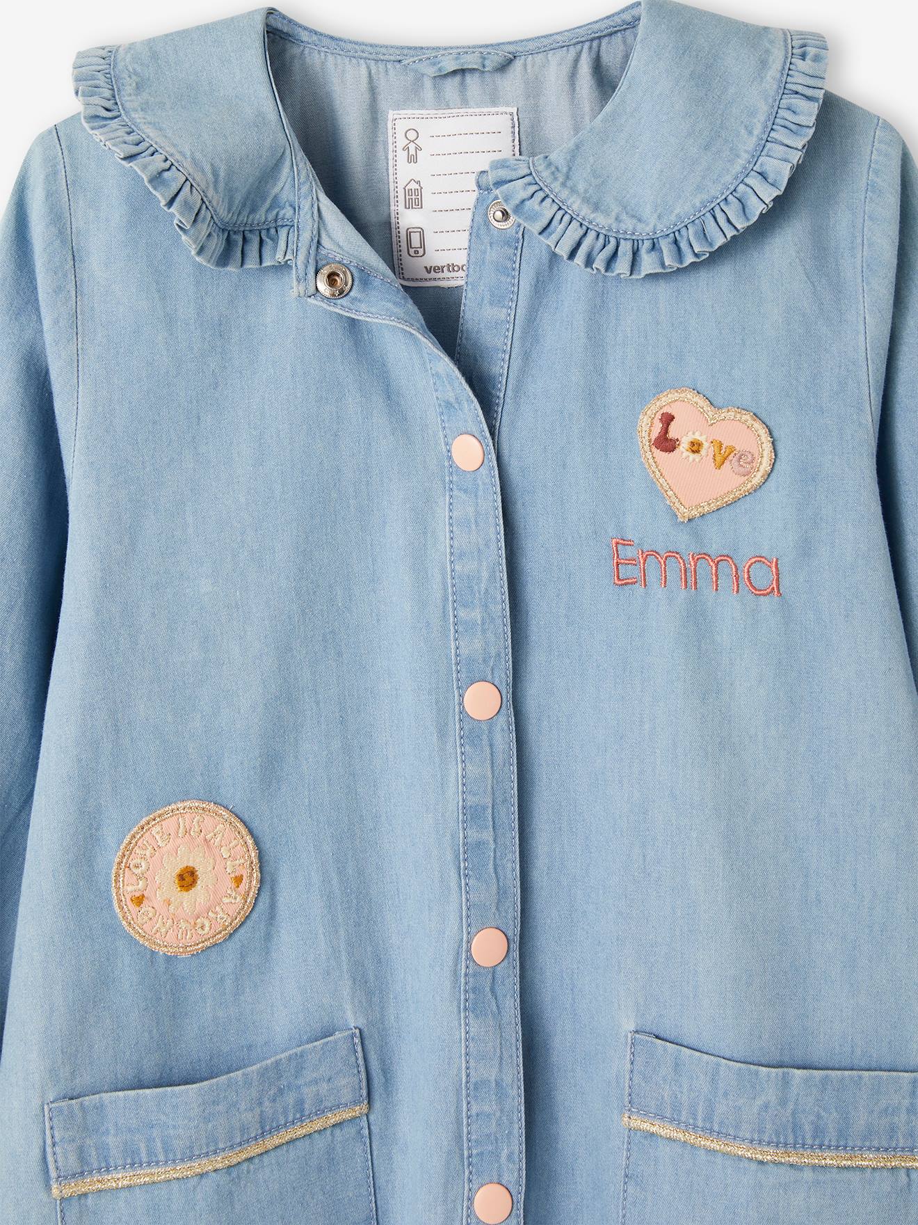 Tablier d'écolière en denim léger personnalisable fille bleu jean