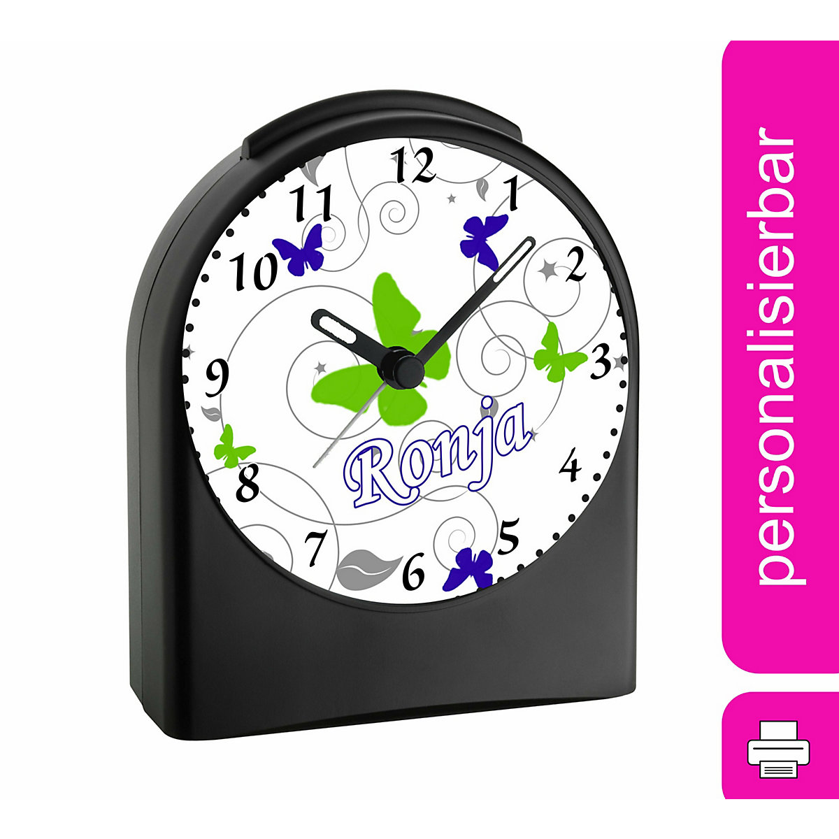 Kinder Funkwecker personalisiert mit Namen Schmetterling Ornamente Atom-/Funkuhr, 12-Stunden-Anzeigeformat, Schlummerfunktion, Nachtlicht, Geräuschlos/Ohne Ticken