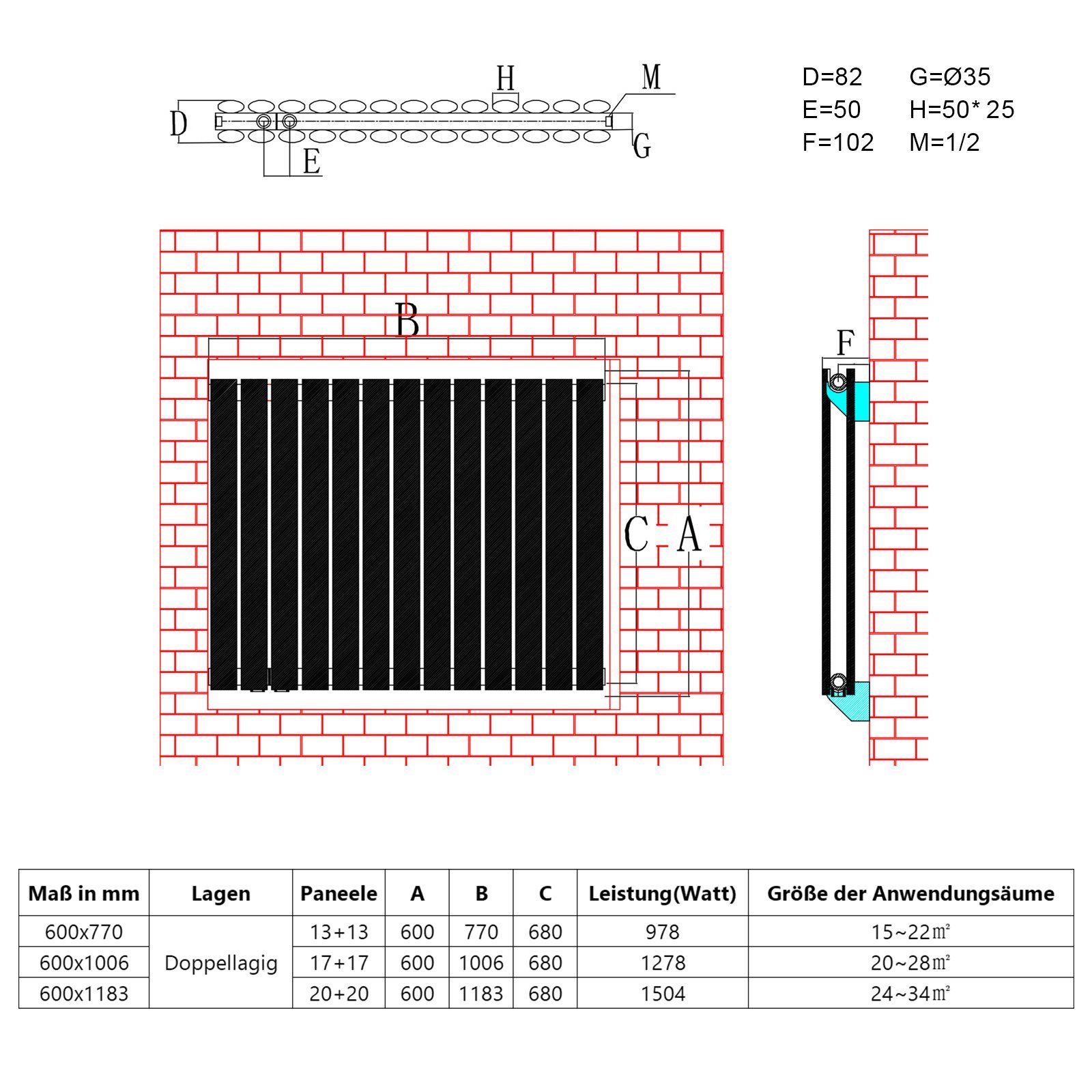 ELEGANT Badheizkörper Röhrenheizkörper Warmwasser,Horizontal,Doppellagig,mit Multiblock,bad, 600 x 770/ 600x1006/ 600 x 1183 mm,Design Heizkörper, Weiß/Anthrazit