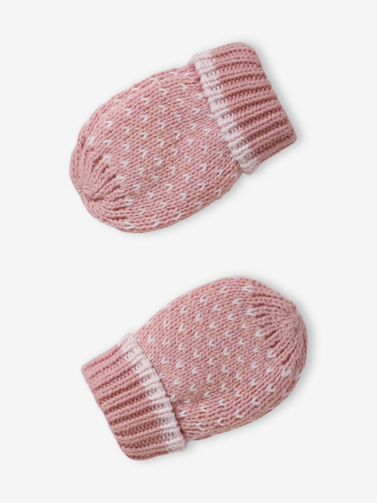 Ensemble en maille jacquard bonnet + snood + moufles bébé fille rose