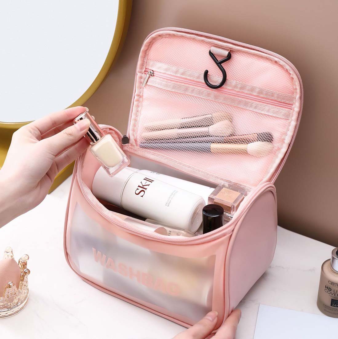 FIDDY Aufbewahrungstasche Durchscheinende Kosmetiktasche für Damen, mattierter Kulturbeutel (tragbare Aufbewahrungstasche mit großem Fassungsvermögen, tragbare Tasche mit Klappdeckel, 1-tlg)