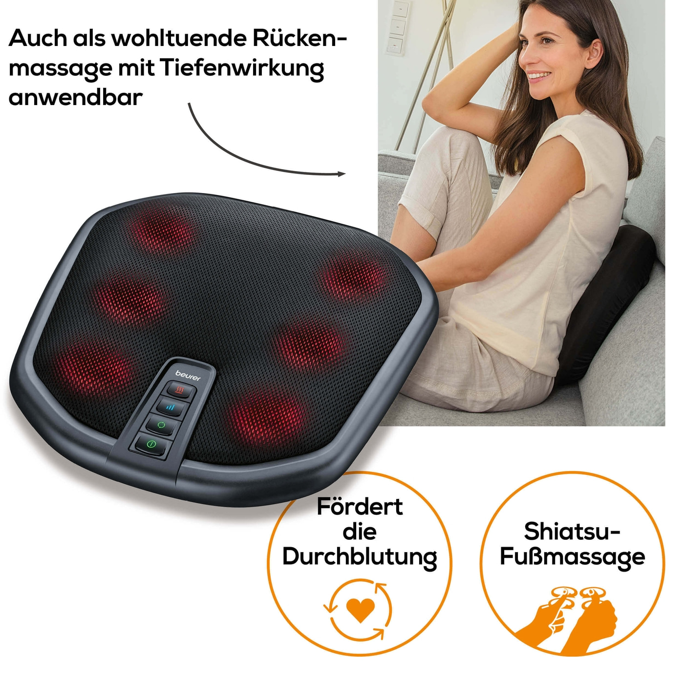 Beurer FM 70 Shiatsu Fuß- und Rückenmassagegerät-Shiatsu Massagegerät mit zuschaltbarer Wärmefunktion und 3 Geschwindigkeitsstufen