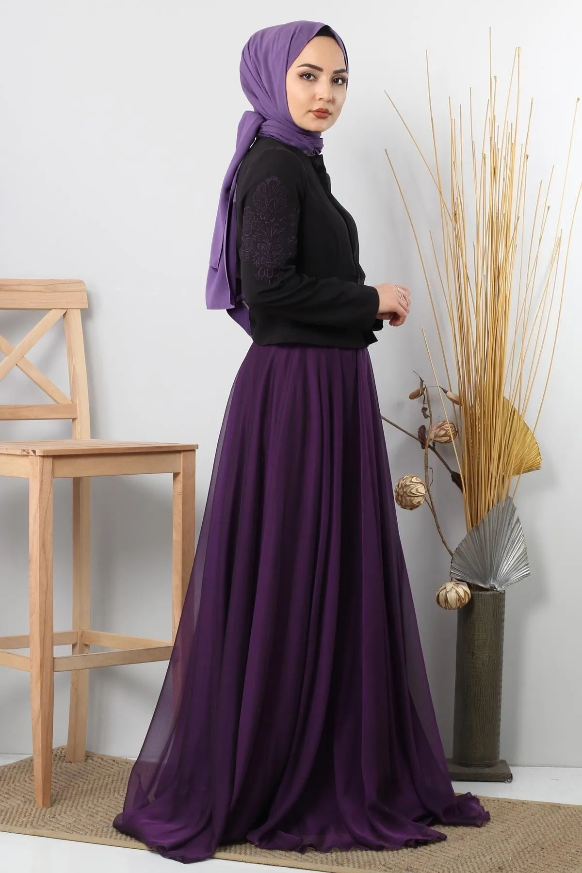 Modamihram  Jacke mit bestickter Hijab-Kombination Lila 8942