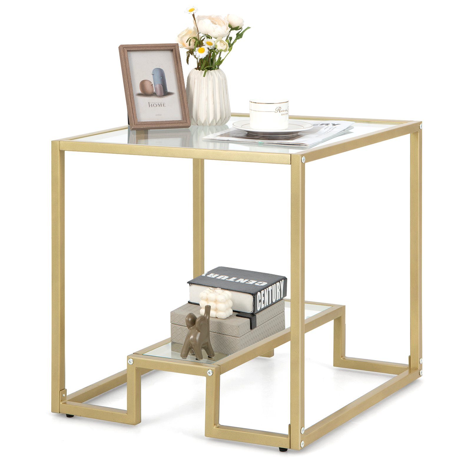 COSTWAY Beistelltisch, Tischplatte aus Glas, Metallrahmen, gold, 56x56x56,5cm