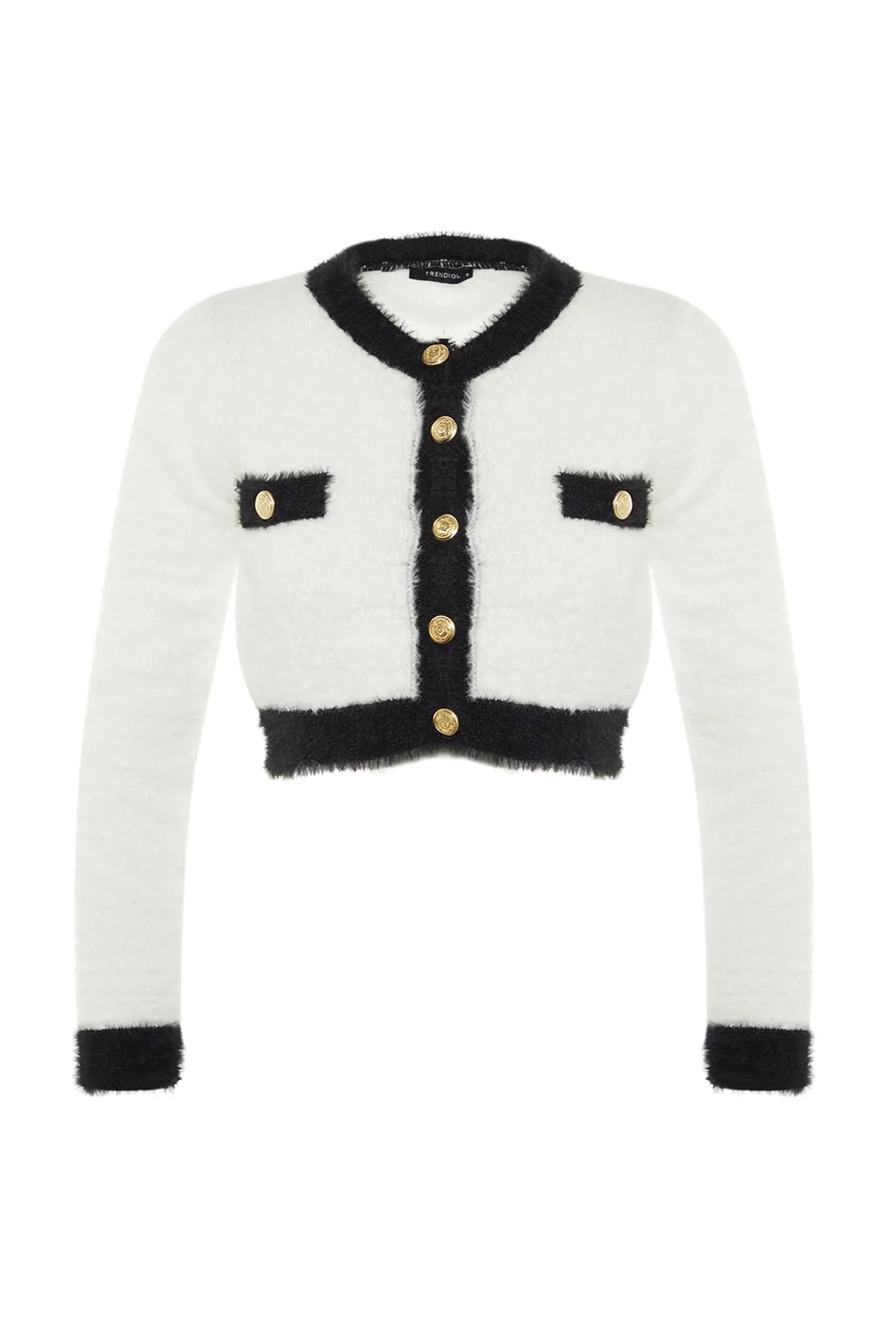 Trendyol Collection  Ecrufarbene, kurze Strickjacke aus Pelz TWOAW23HI00549