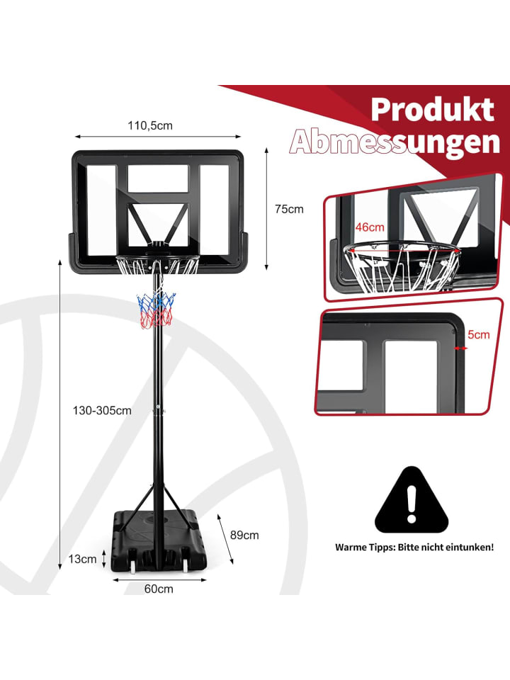 COSTWAY Basketballständer 130-305 cm in Schwarz günstig kaufen 90 x 60 cm