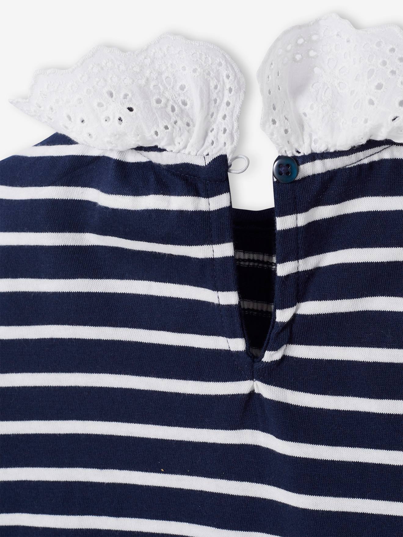 T-shirt blouse col en broderie anglaise fille marine rayé