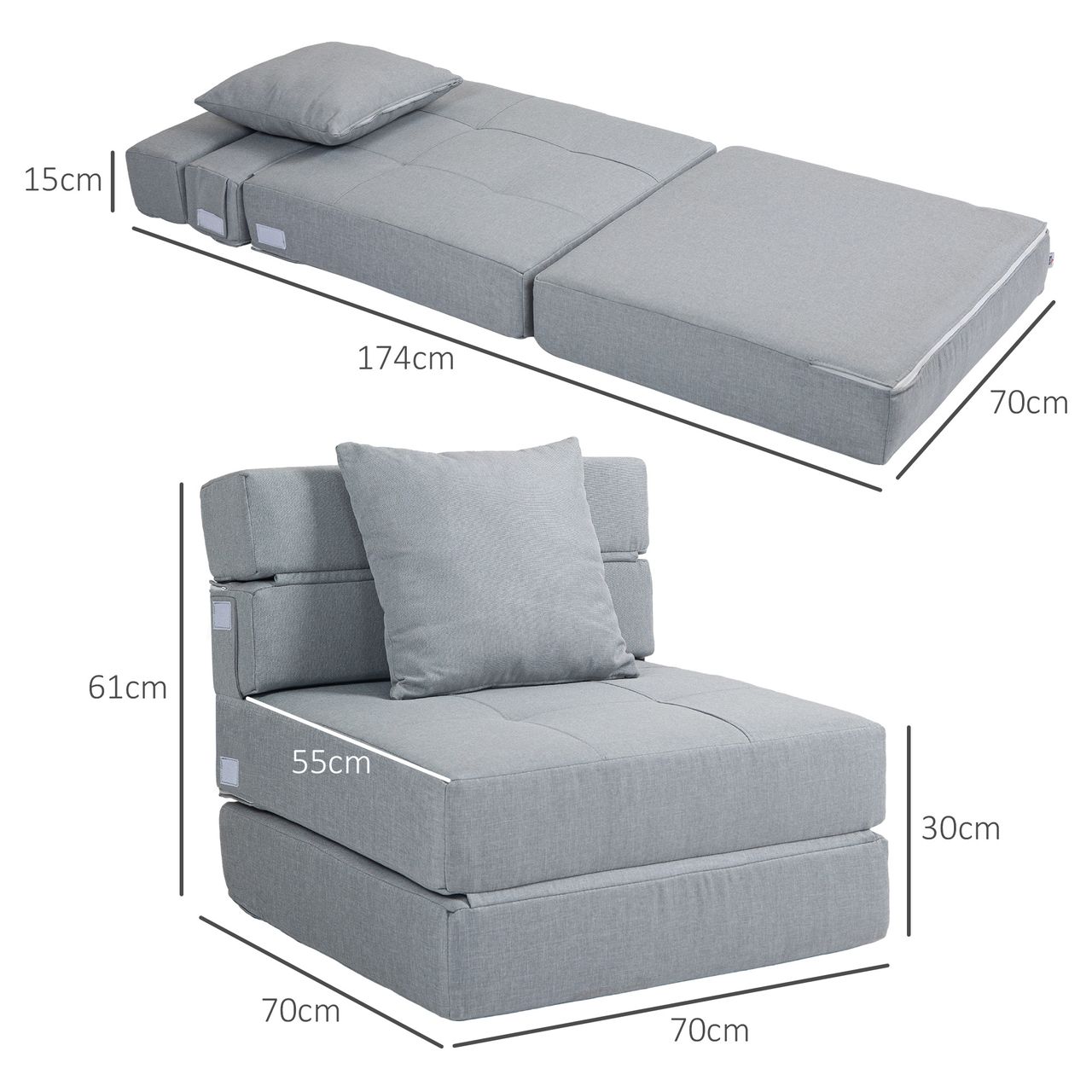 HOMCOM Schlafsessel Schlafsofa Sofabett Einzelsofa mit Waschbarem Kissen Grau