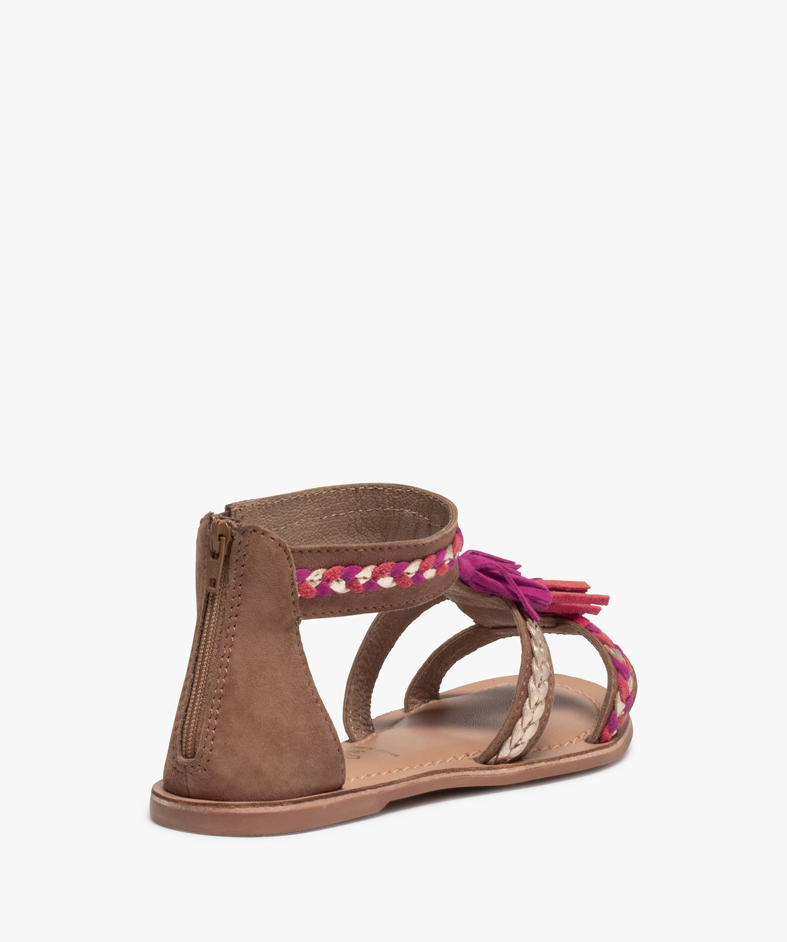 Sandales fille zippées à brides et pompons en cuir marron | GEMO