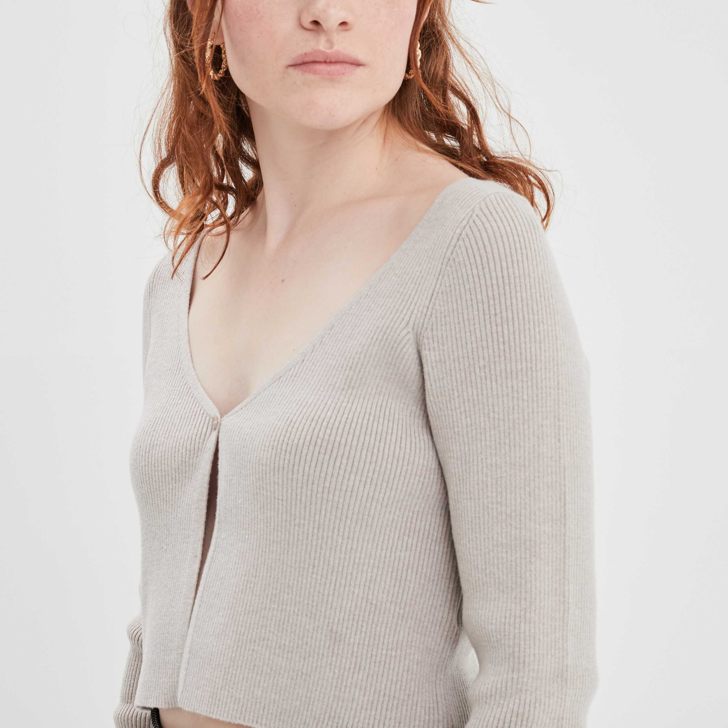 Gilet court manches longues col en V sable femme | La Halle