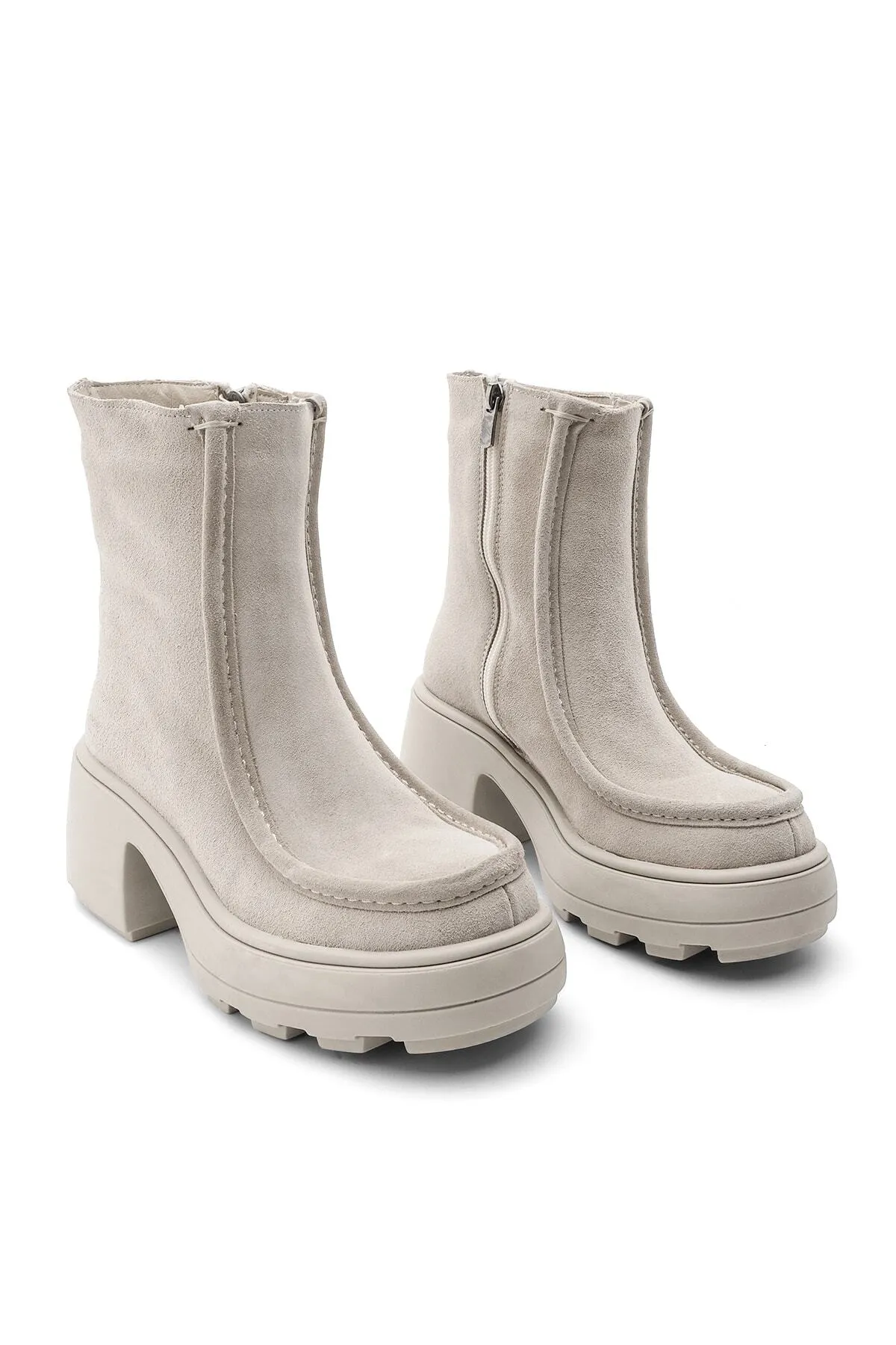 Marjin  Damen Lederstiefel mit Absatz und Reißverschluss Bevaz Beige Wildleder