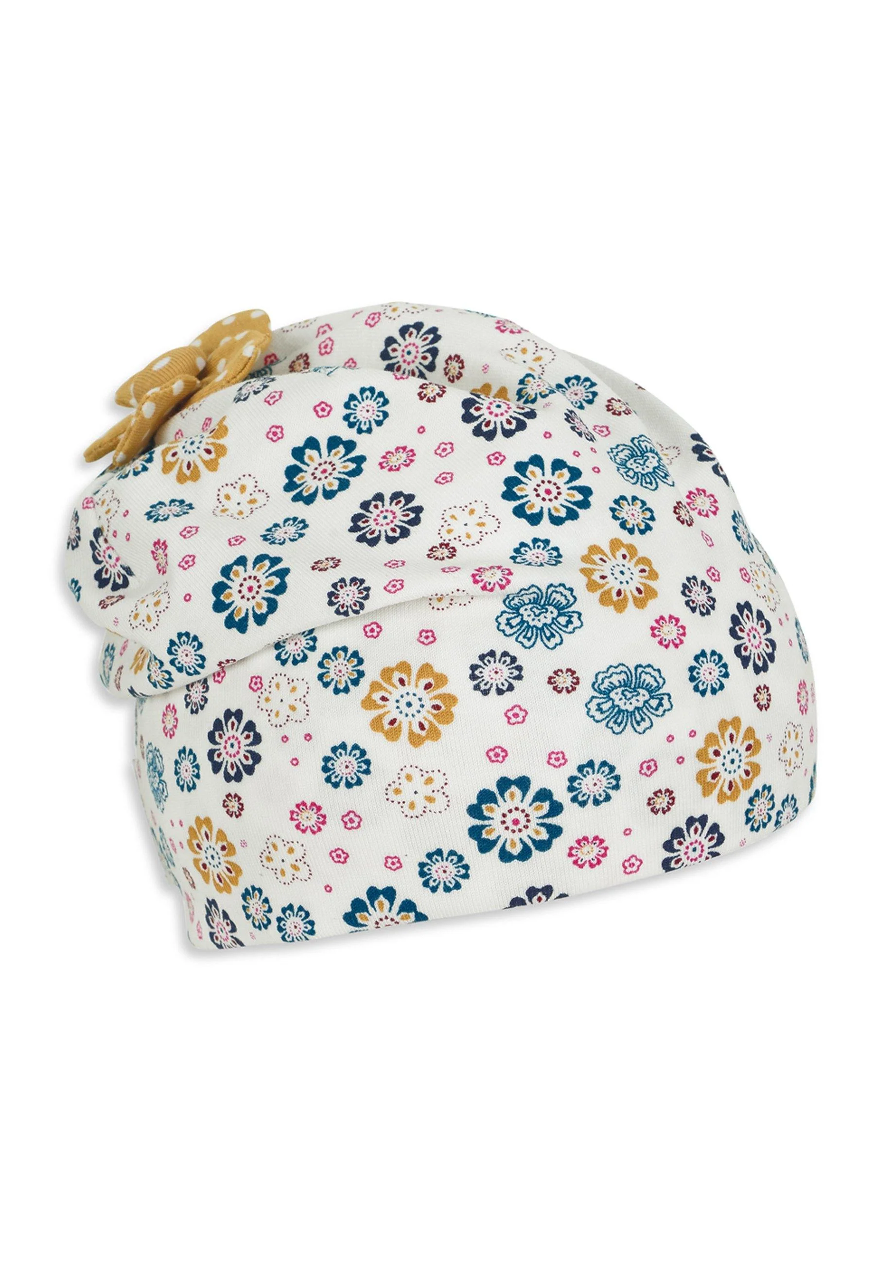 Slouch-Beanie mit Blumenprint in Hellblau und Ecru
