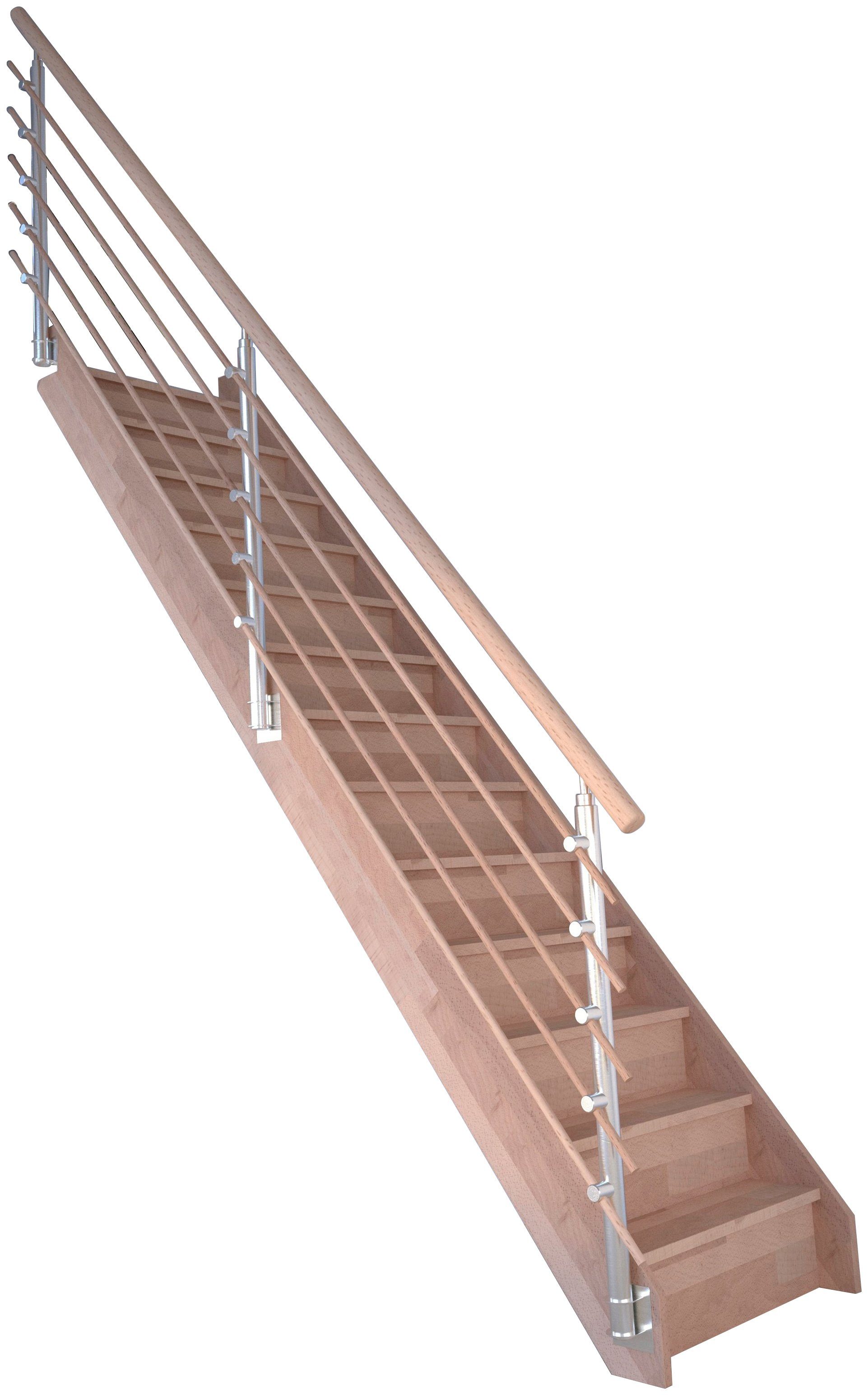 Starwood Raumspartreppe Massivholz Rhodos, Design-Geländer Holzrundstäb, für Geschosshöhen bis 300 cm, Stufen geschlossen, Durchgehende Wangenteile