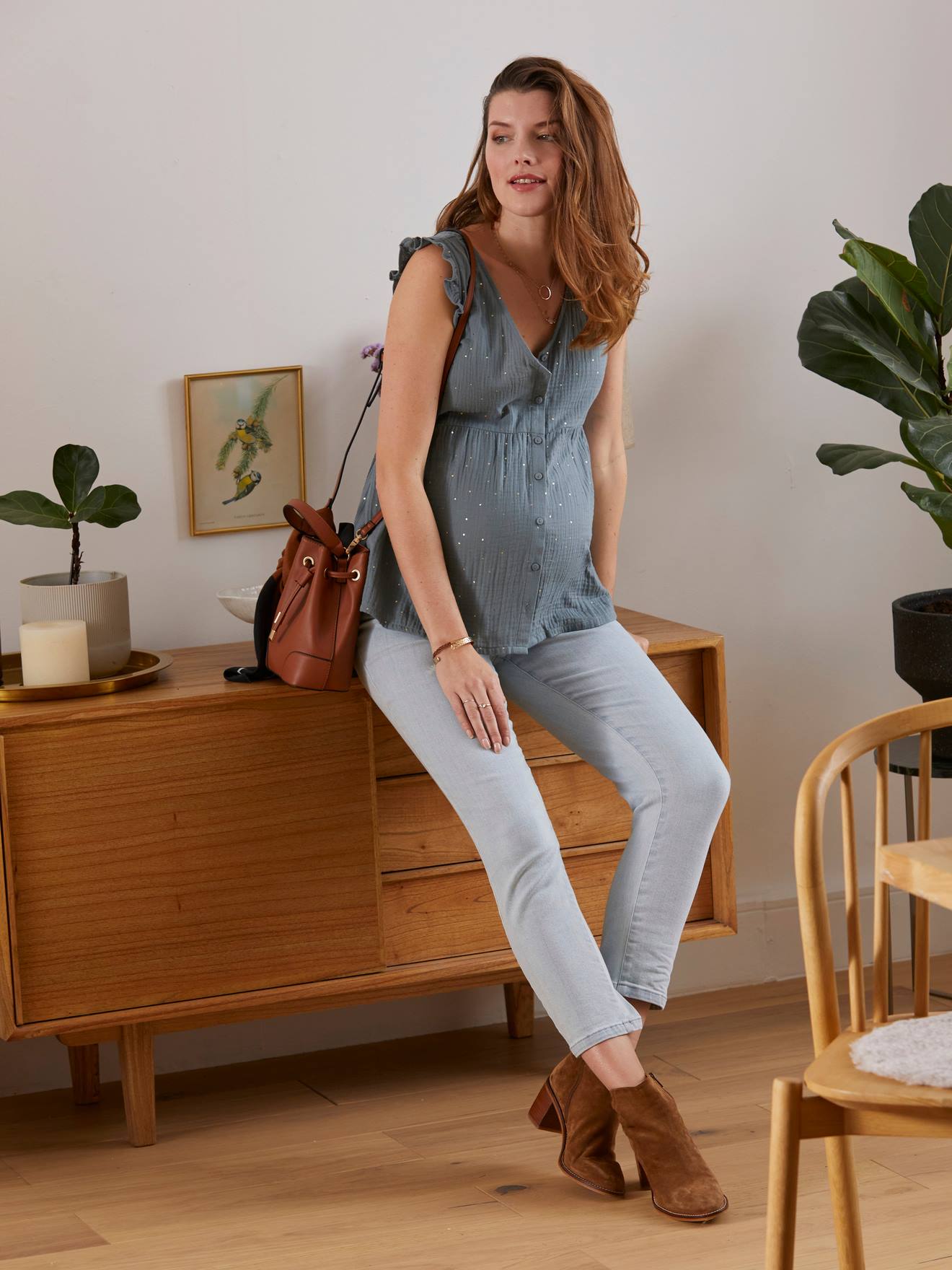 Blouse de grossesse et d'allaitement gaze de coton vert
