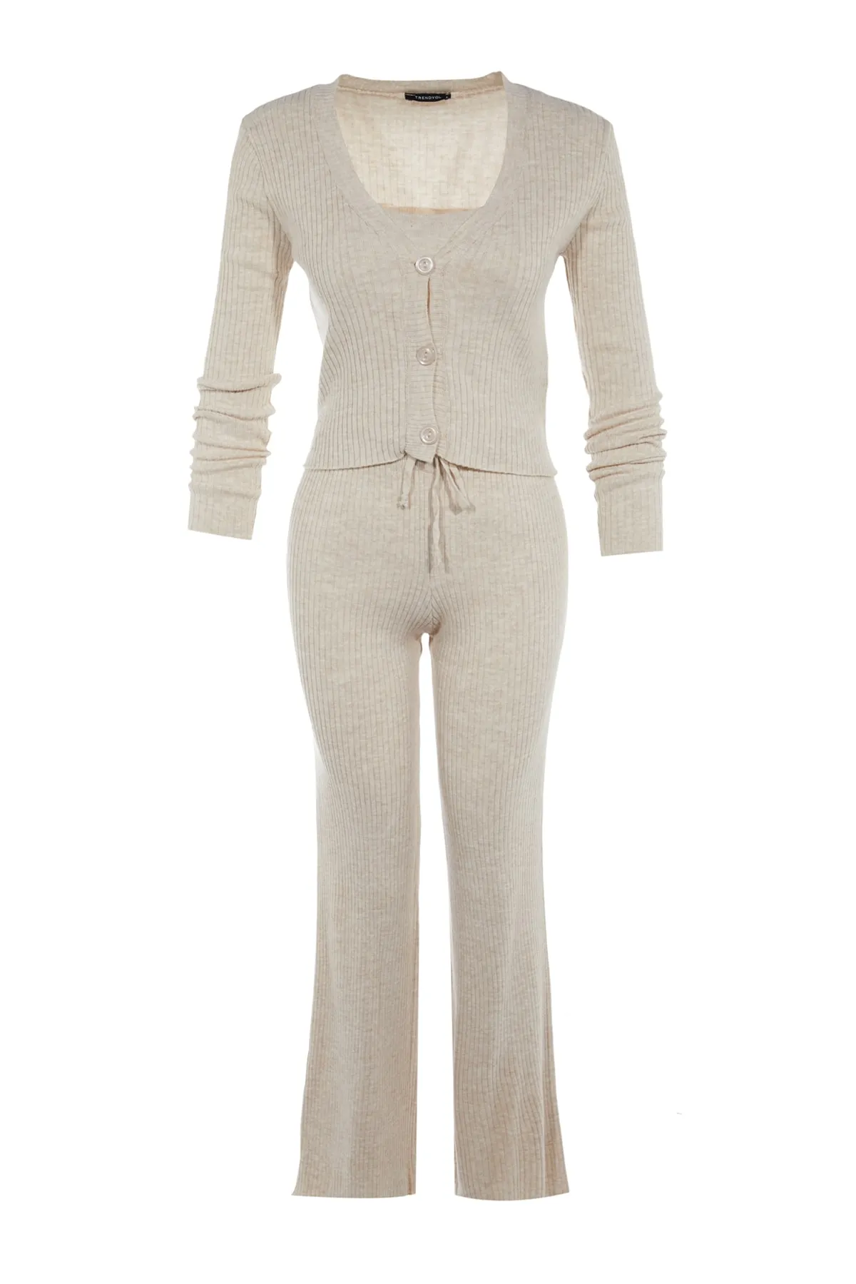 Trendyol Collection  Beige, taillierte Bluse, Strickjacke, Hose, Strickoberteil und -unterteil, Set TWOAW22AU0006