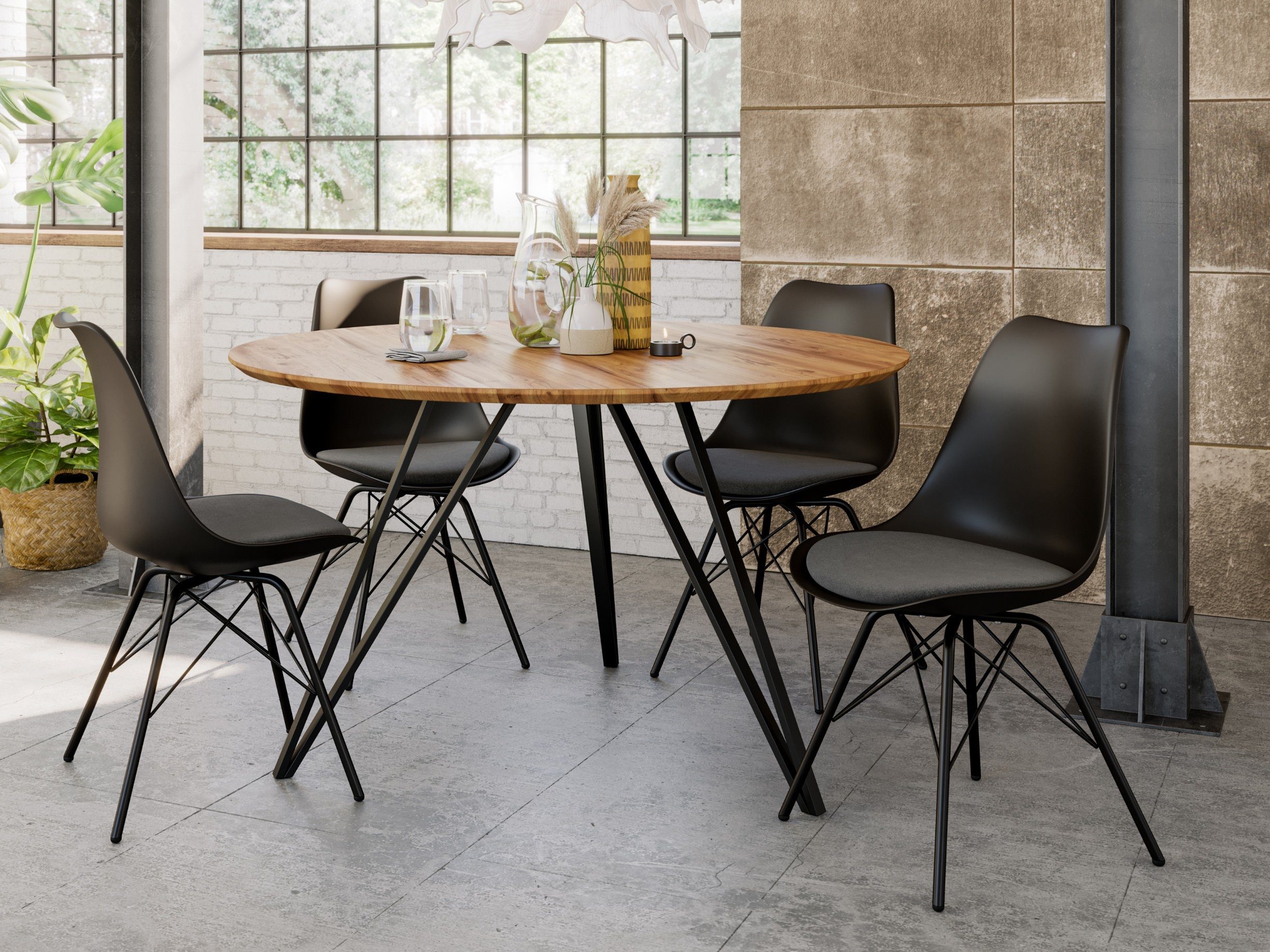 SAM® Esstisch Namu, Tischplatte rund, natur- oder nussbaumfarben, schwarzes Metallgestell