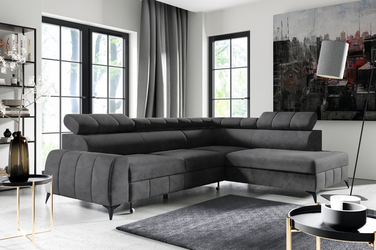 Möbel Punkt Wohnlandschaft Ecksofa Livorno Samt Grau Anthrazit mit Bettkasten Kopfteilverstellung Ottomane rechts